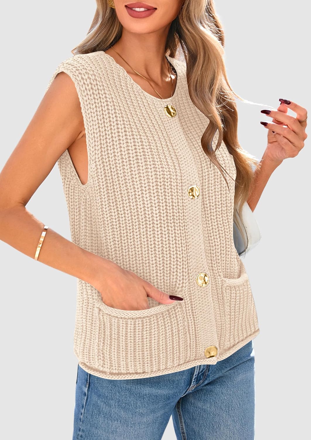 PRETTYGARDEN Women's Summer Sweaters Vest 2025 Sleeveless Button Down Cropped Pockets Chunky Knit Cardigan Trendy Tank Tops - Image 6