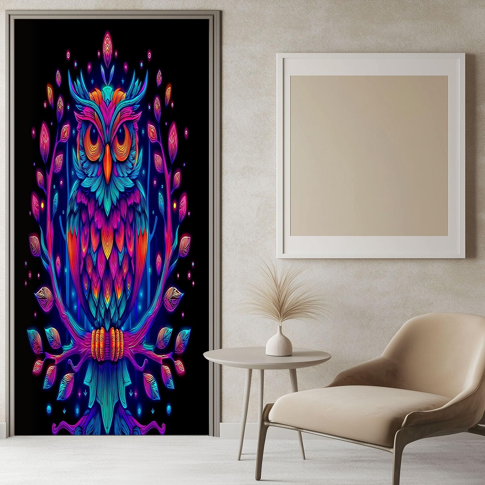 Fantasy Art naklejka na drzwi, zwierzęta, kolorowa sowa, tapeta na drzwi dla dzieci, do sypialni, 90 x 200 cm (szer. x wys.)