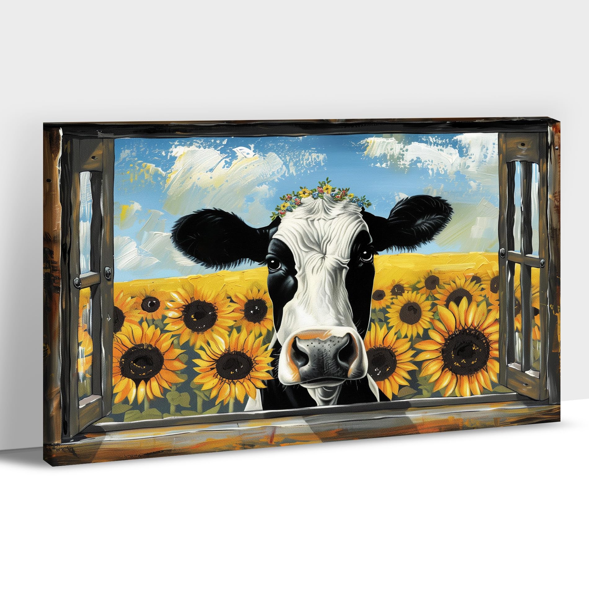 GUTTATY Farmhouse Cow Canvas Wall Art, Sunflower Poster Wall Decor, Fake Window Landspace Paintings Wall Decor, Rustic Country Pictures Framed Art for