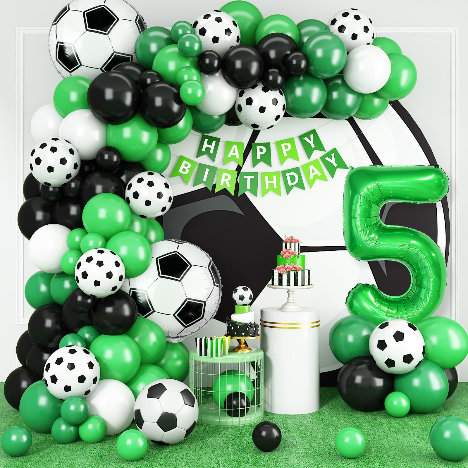 5th Birthday Soccer Balloon Arch,5th Soccer Garland Kit with Green Number 5 Balloon Football Balloons for Boys Kids 5 Birthday Party Decorations