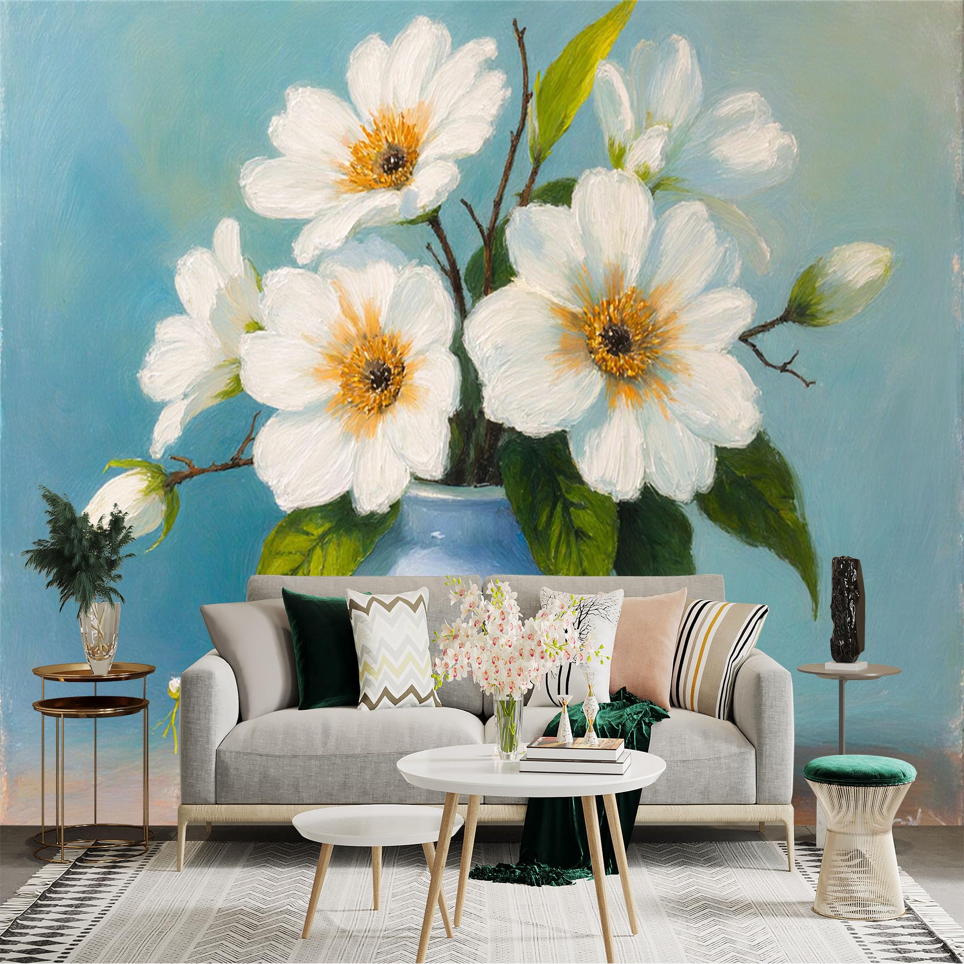 Custom Size Wall Sticker Mural， White Magnolia Flowers in Blue Vase， Oil Painting Style Floral Art， for wall Decoration， peelandstick wall Decals.