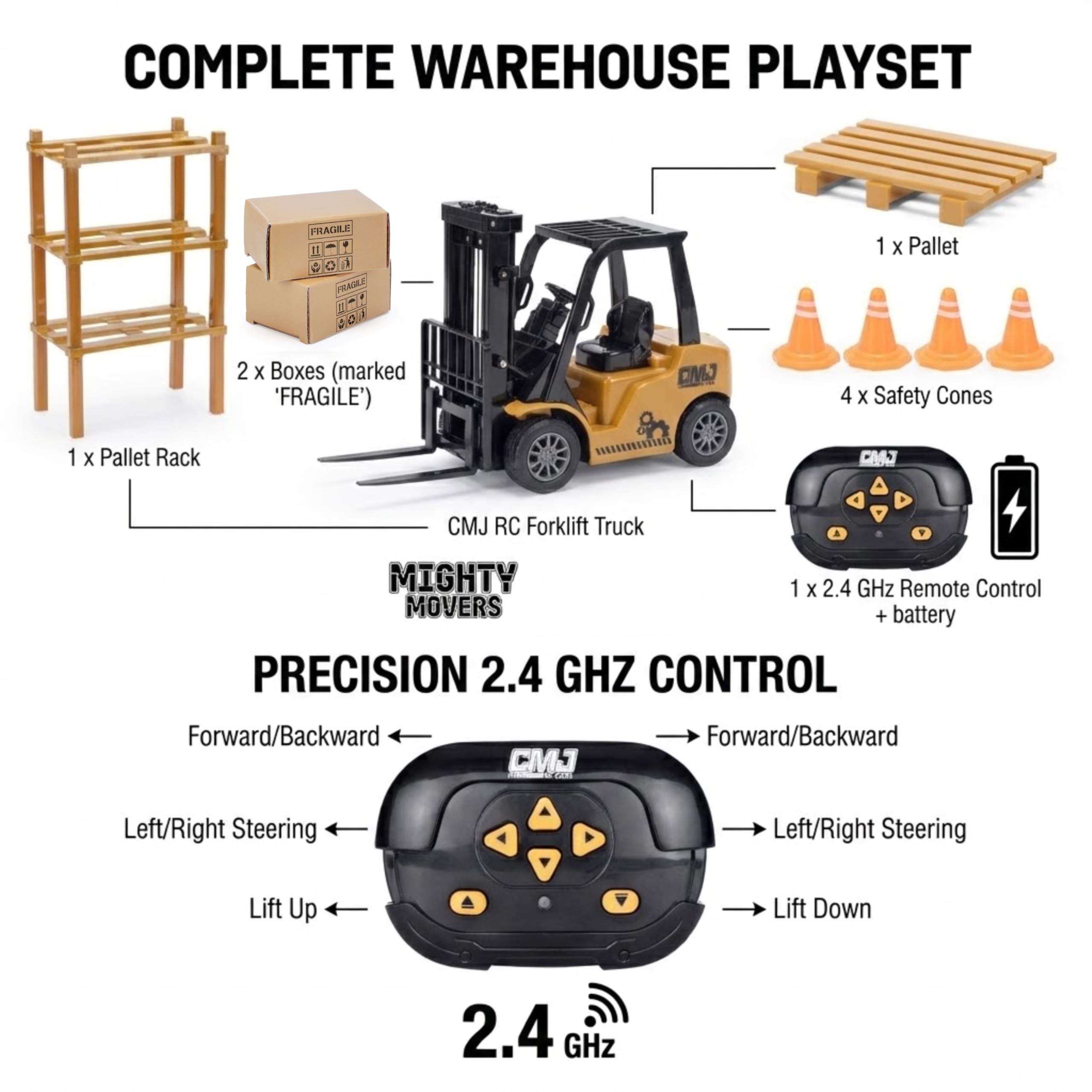 Carrello elevatore telecomandato – FLT 2,4 GHz veicolo da cantiere realistico con scaffale alto, pallet, scatole e piloni – Giocattolo ricaricabile per bambini e appassionati di modellismo 1:16