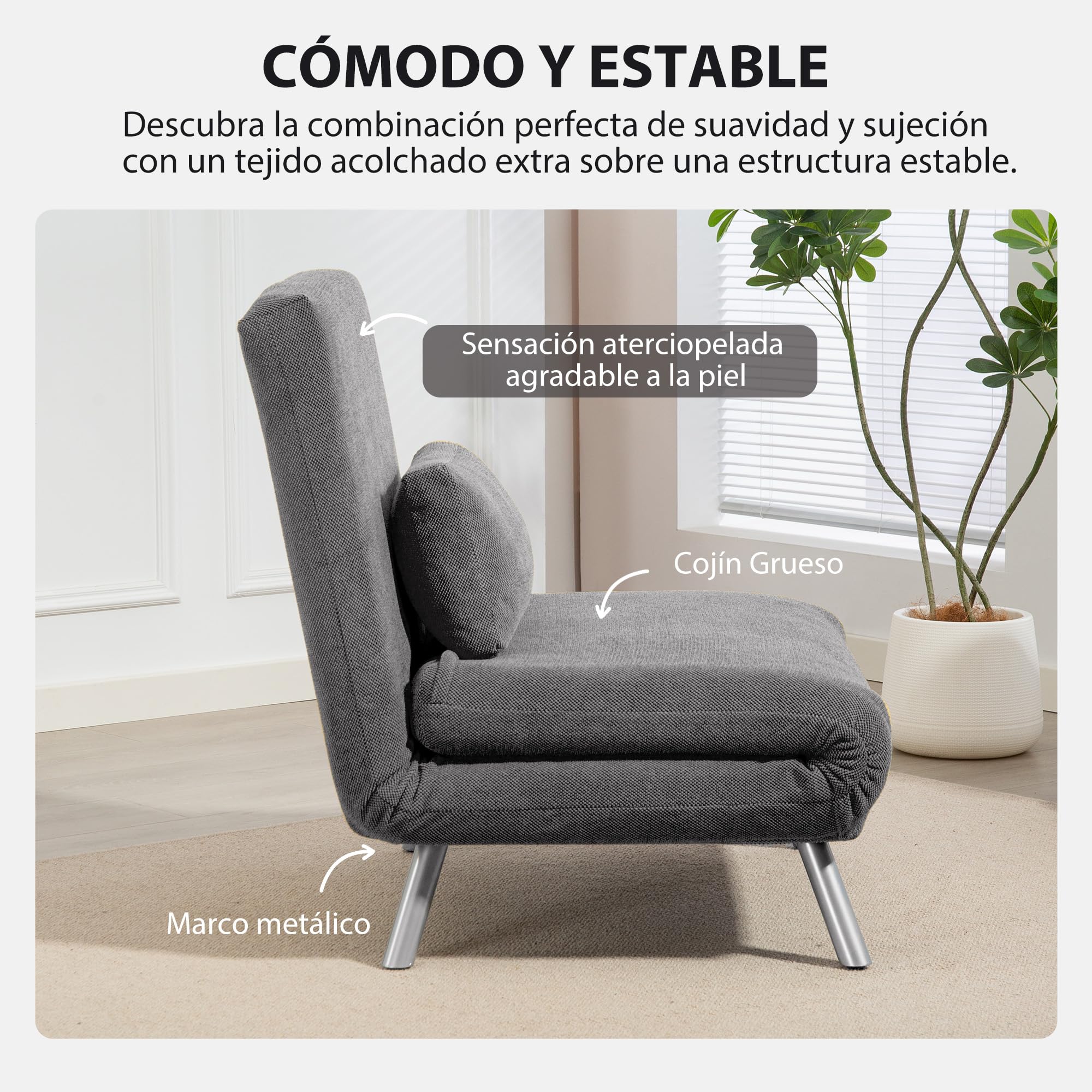 HOMCOM Sofá Cama de 1 Plazas 3 en 1 Sillón Cama Plegable Tapizado en Pata de Gallo con Respaldo Ajustable de 5 Niveles y Almohada Acolchada para Oficina Dormitorio Salón 80x75x83 cm Negro
