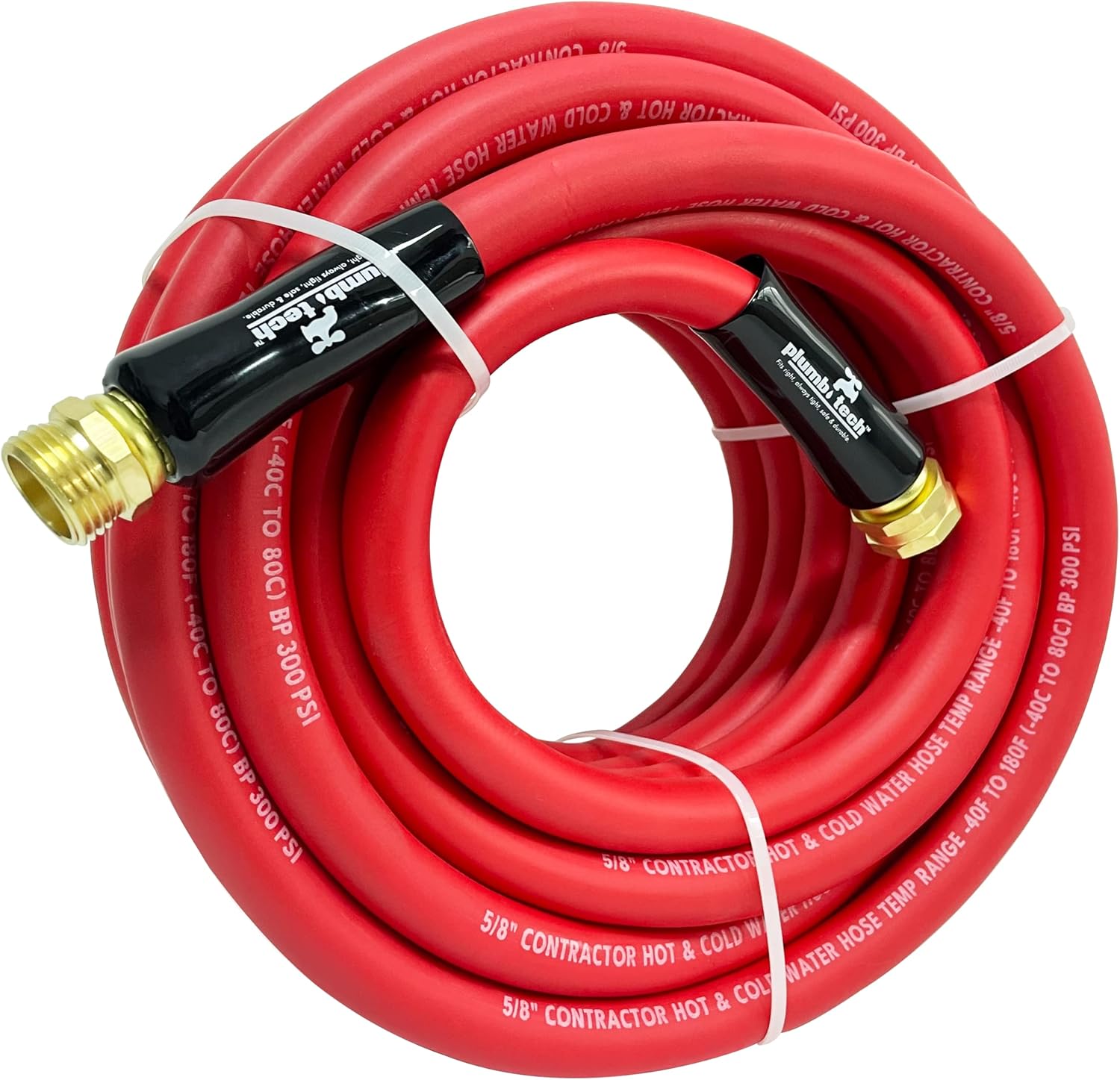 PlumbTech 5/8" x 50' Premium Nitrile Rubber Multi-Purpose Hot/Cold Water Hose: Contractor Grade, Burst Pressure 500 PSI, Red