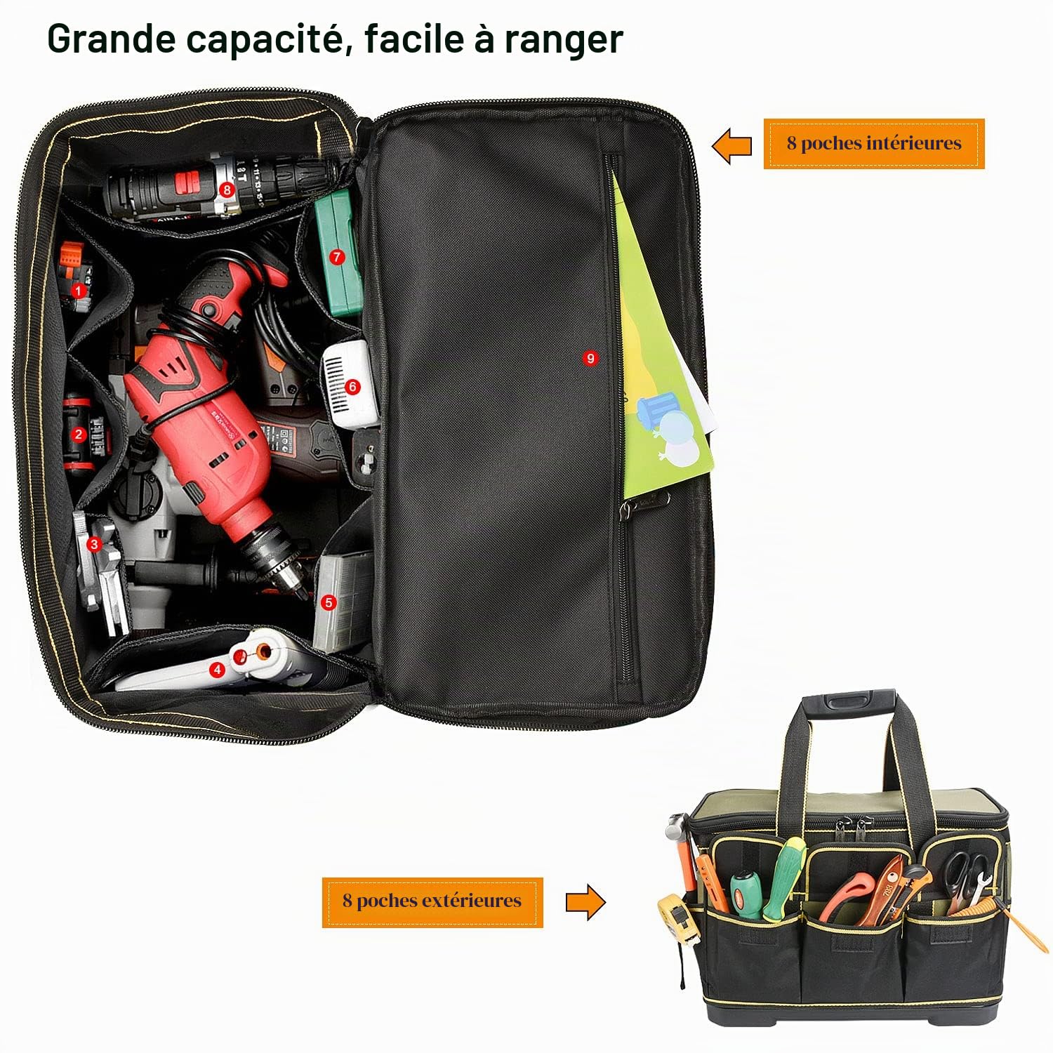 sac à outils étanche et pliable, Trousse de Transport pour Outils avec poche intérieure, Sac Porte-outils y compris bandoulière, 40 x 23 x 28 cm