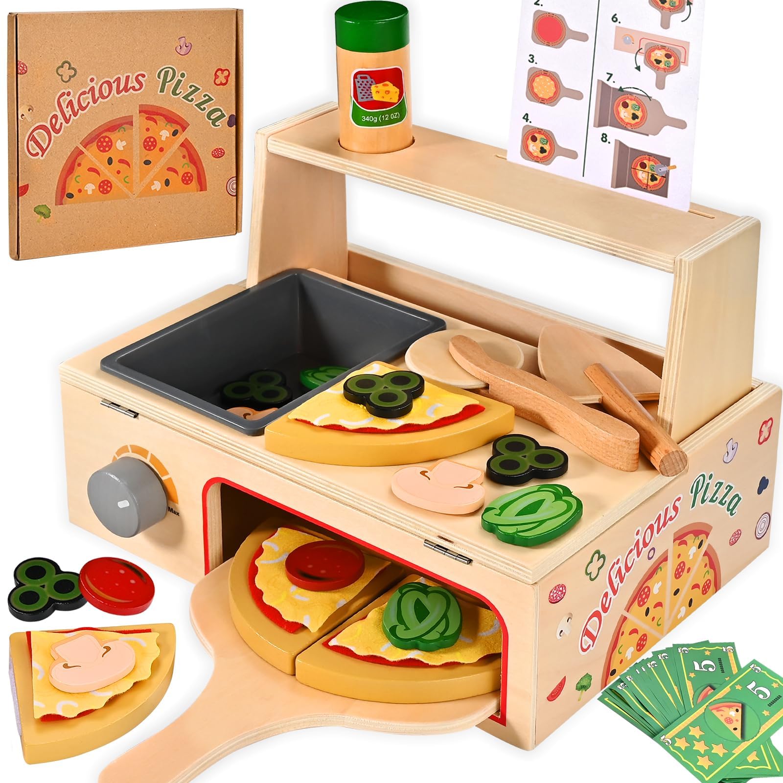Wooderma Wooden Toys, 50 PCS Pizza Toy Food, Wooden Play Food for Toy Kitchen Accessories, Toys for 3 4 5 6 7 Year Old Boys & Girls Gifts, Role Play Toys for Preschoolers Kids Boys Girls Ages 3+