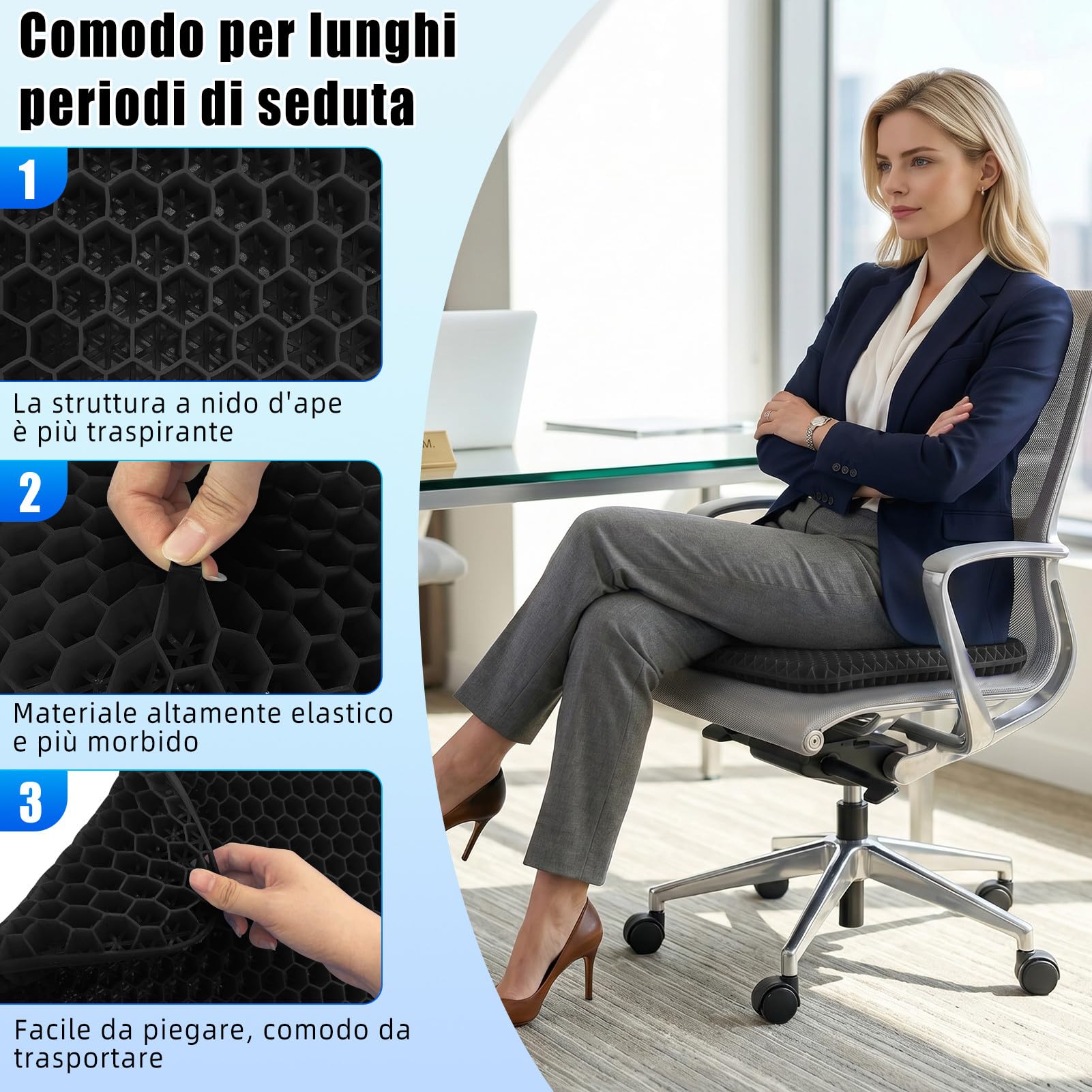 Cuscino per Sedia da Ufficio,Cuscino in Gel,Cuscino Antidecubito,a Nido d’ape-Antiscivolo,Traspirante e con Fodera Rimovibile,Adatto per Sedie da Ufficio,Sedili Auto e Sedie da Casa (nero, 40*36*3.5)