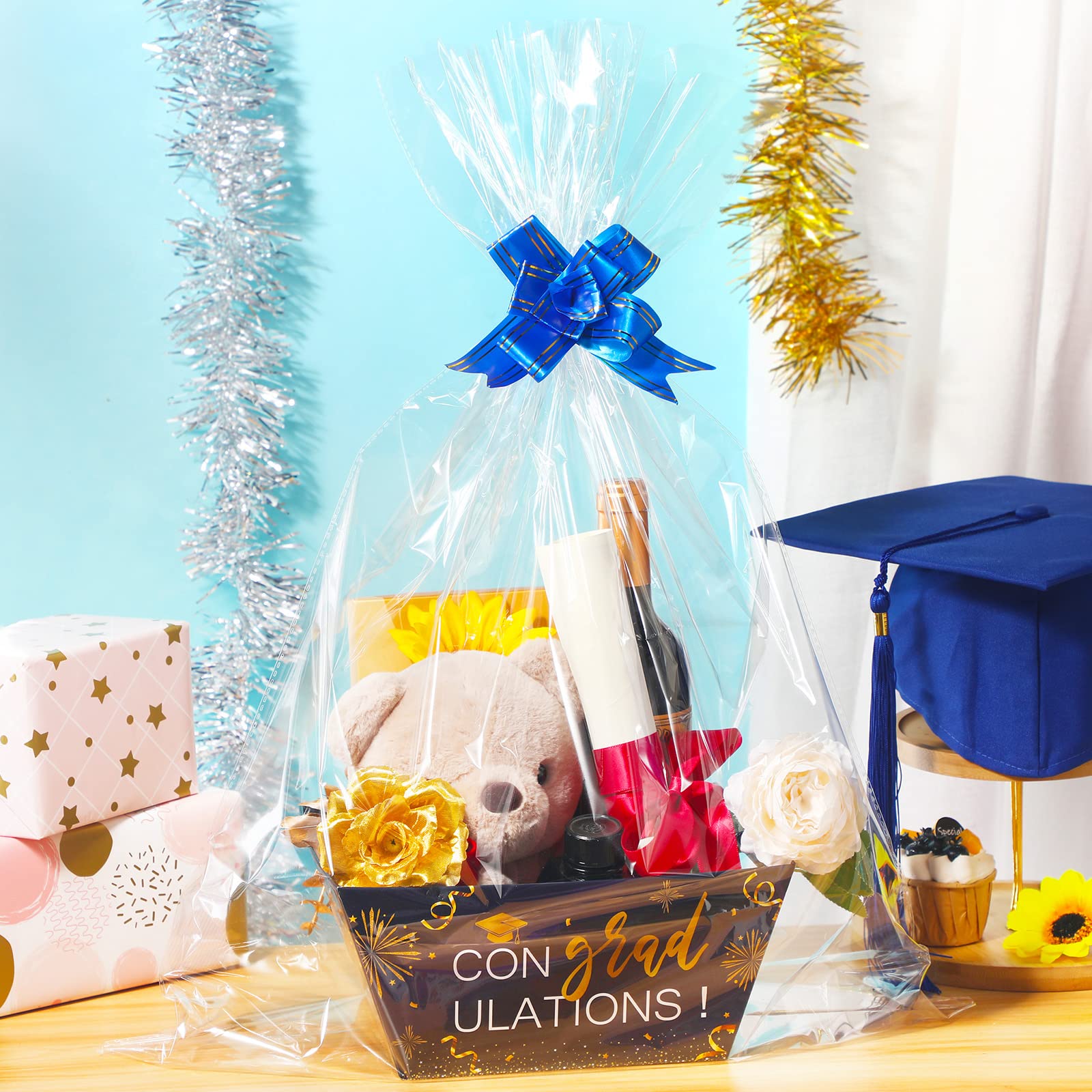 12 Set 2023 Graduation Baskets for Gifts Empty with Cellophane Bags Bows Graduation Gifts Market Tray Cardboard Basket Kit Supplies to Fill for Middle High School University College (Blue, Gold)