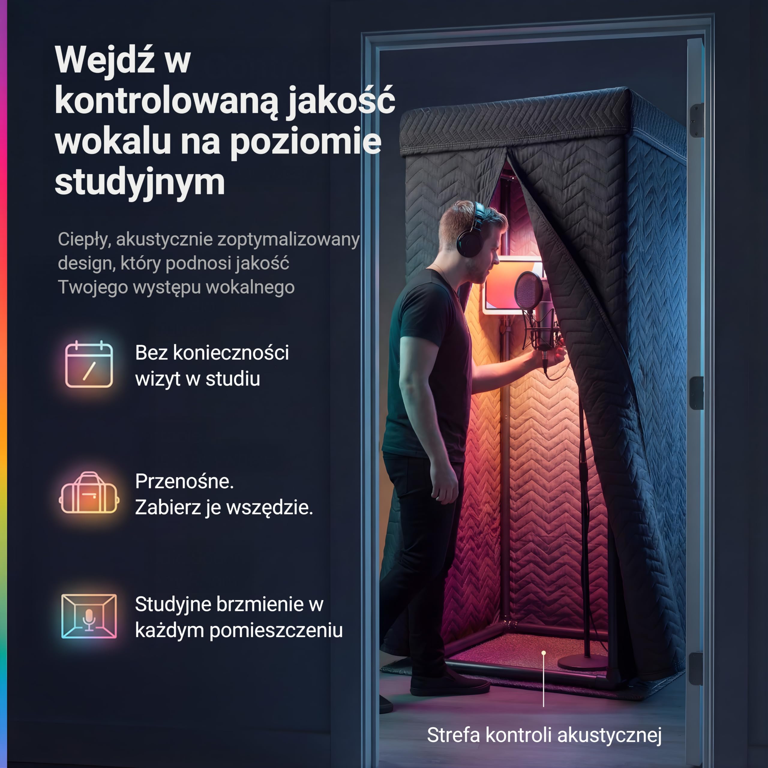 Snap Studio Budka wokalna, zalecana studyjna budka dźwiękowa do nagrywania suchego, bez echa wokalu, redukcja pogłosu o 80% i izolacja 360°, uchwyt na klips, światła, torba podróżna w zestawie