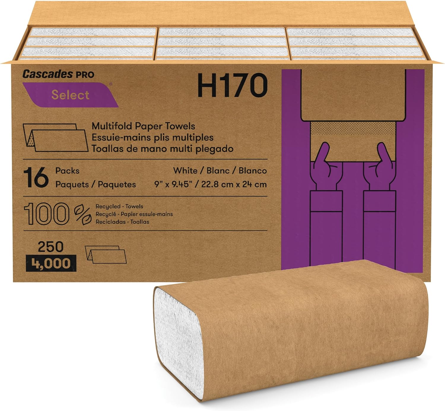 Cascades PRO Select Multifold Paper Towels – Strong & Absorbent 1-Ply Hand towel – Fits Universal Dispensers – Commercial Bathroom Kitchen Towel, 250 Sheets/Pack, 16 Packs/Box – H170 – White