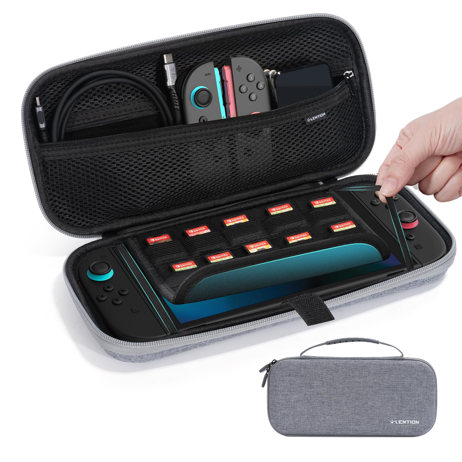 LENTION All-Essentials Carrying Case for Nintendo Switch 2 - Switch 2 Case Dual Lock Anti-Shake Hard Shell with 10 Game Holders, Shockproof for Travel & Home Storage (Grey)