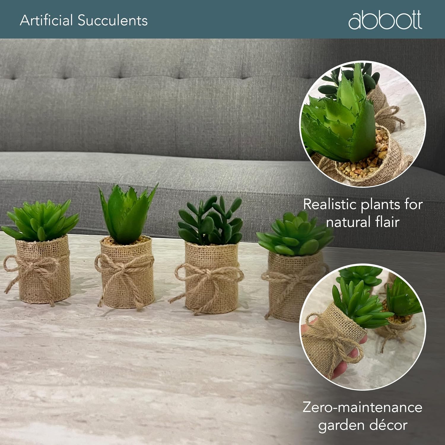 Abbott Collection Artificial Mini Succulents Set in Burlap Wrap Planters, Set of 4 (4" H, 2" W)