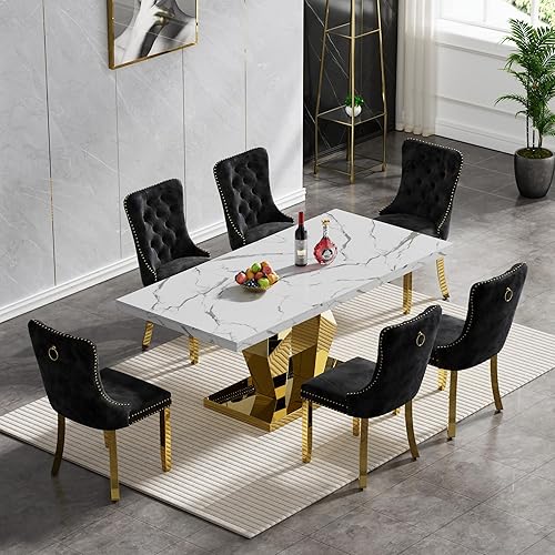 Miniatura 115 de Juego de mesa de comedor de mármol sintético, 7 piezas, juego de mesa de cocina y comedor para 6, mesa de comedor rectangular blanca de 70 pulgadas