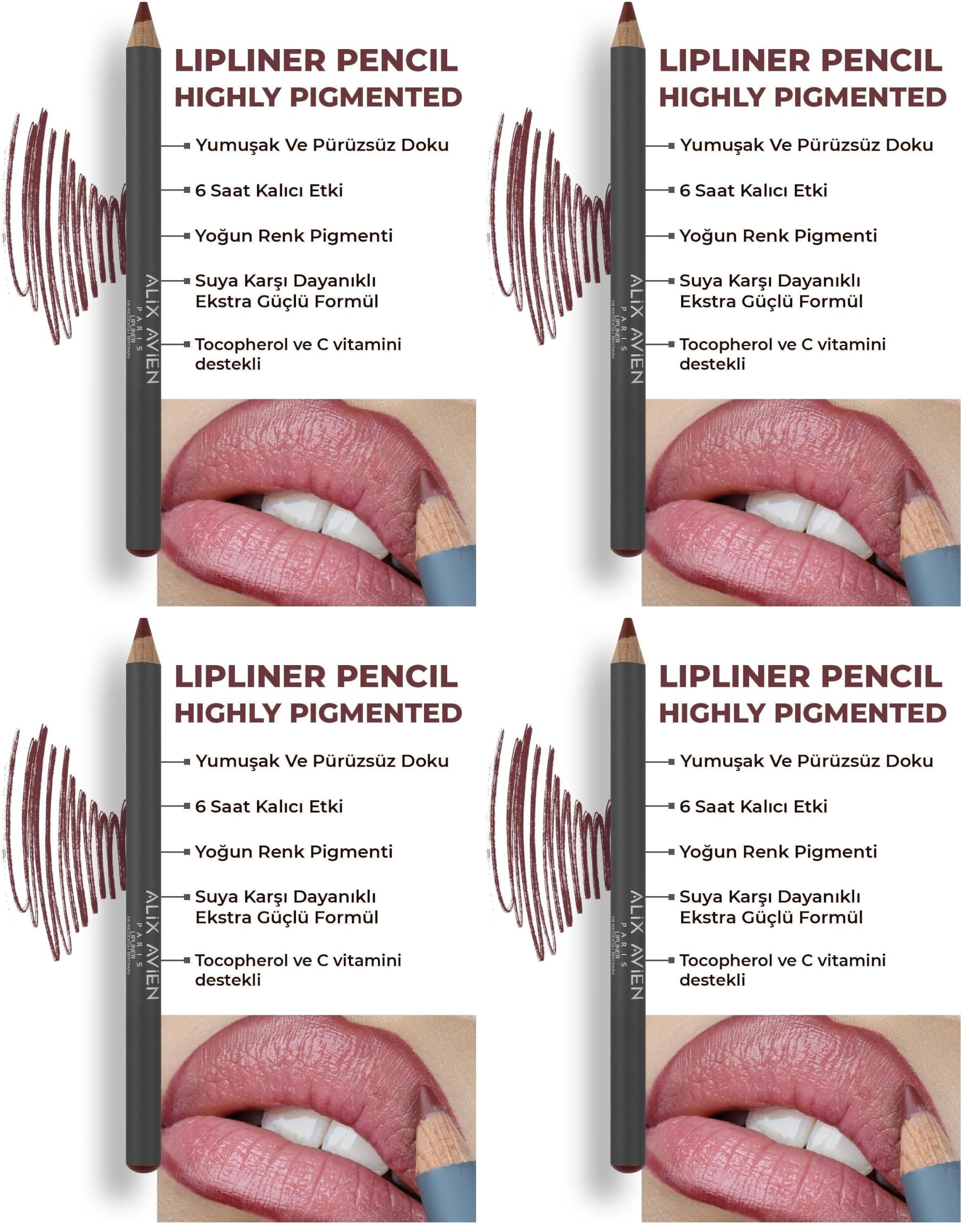ALIX AVIEN Uzun Süre Kalıcı Dağılma Yapmayan Nemlendirici Dudak Kalemi - Lipliner Pencil 19 Reddish Brown (4 paketi)