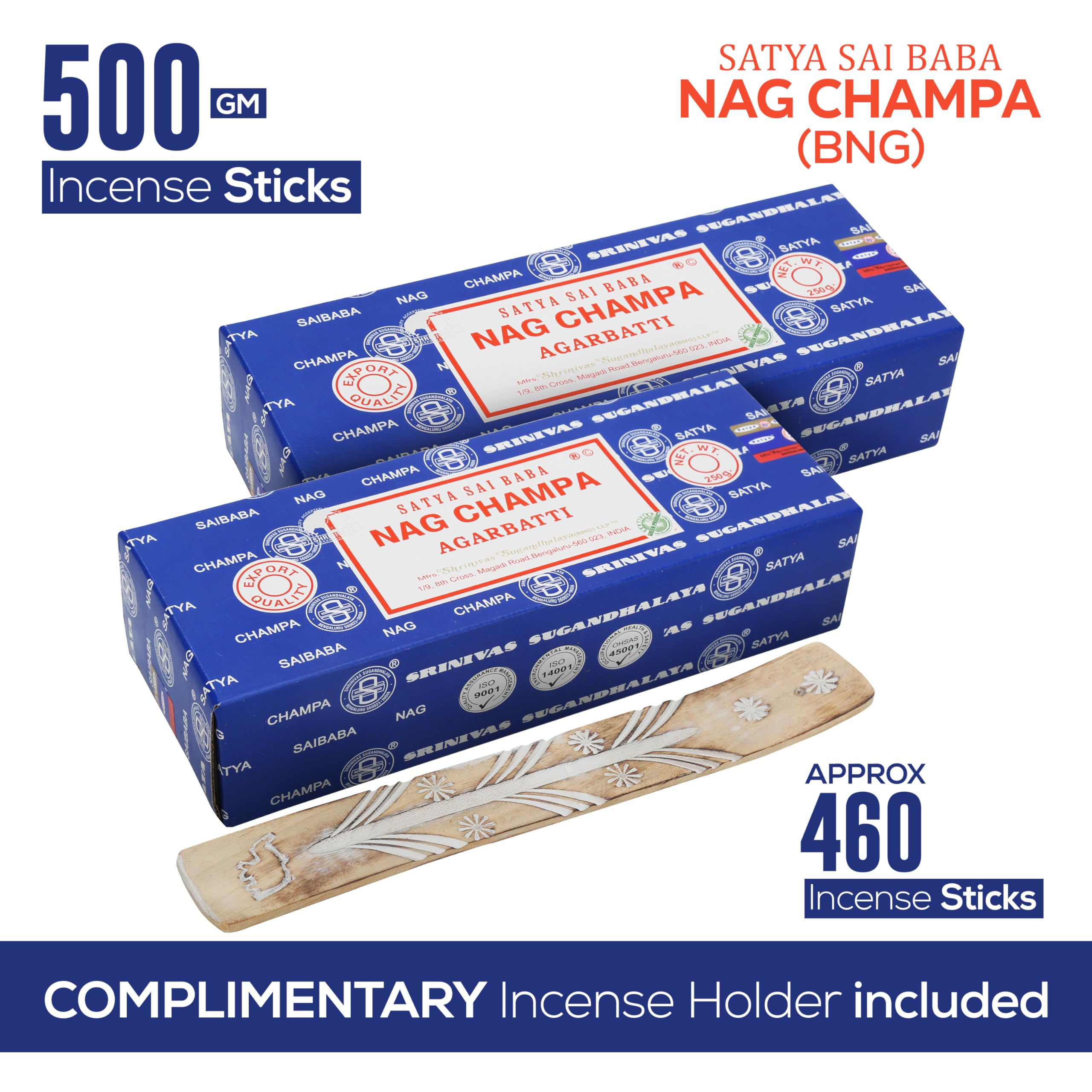 Satya Nagchampa Incense Sticks 250 gmx 2 Pack (500 GMS), Satya BNG (Bangalore) Insenses with Raajsee Incense Holder Bundle, Satya Nagchampa Natural Incense