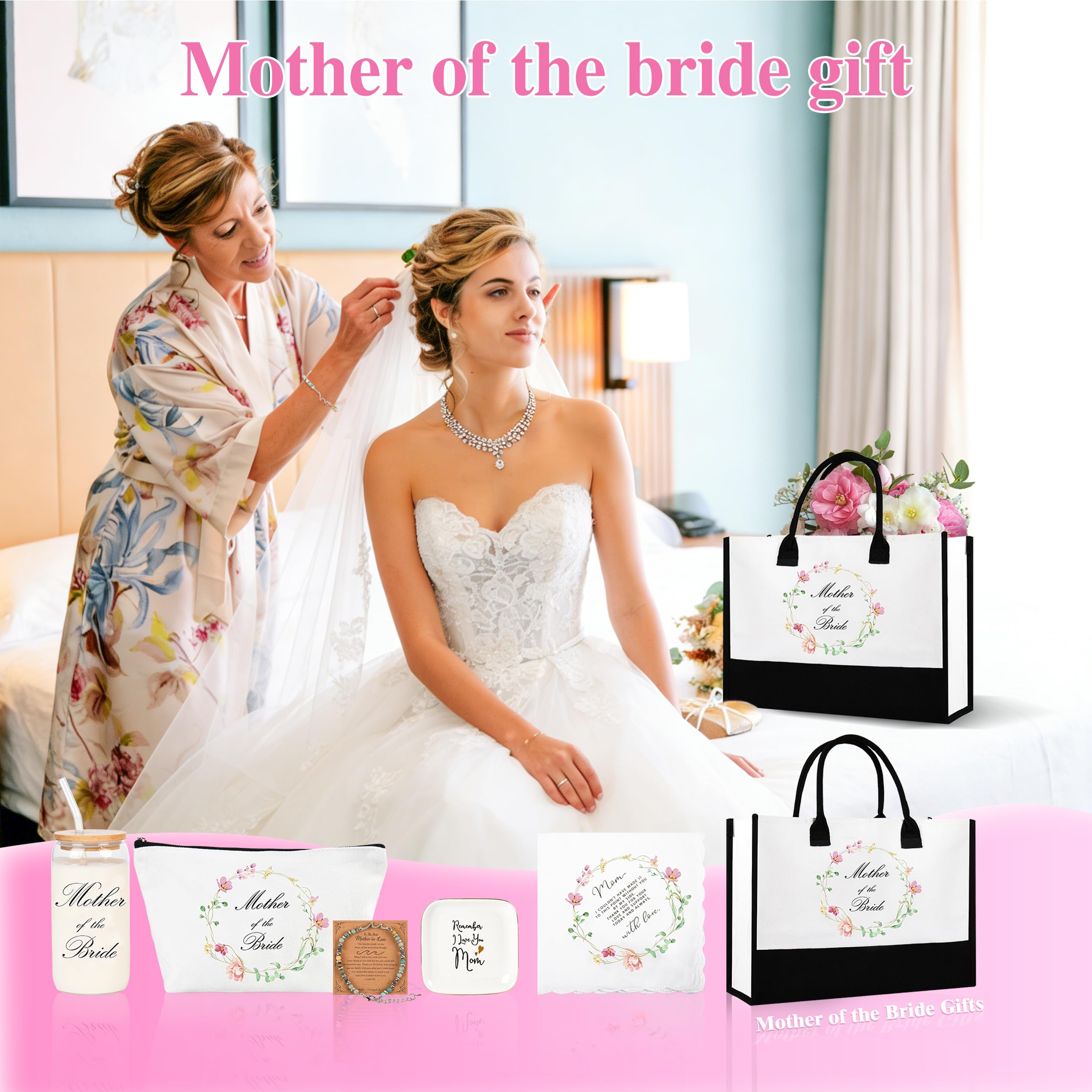 J6&H6 Mother of the Bridge/Groom Gifts Mother Gift Set Included Glass Cups Tote Bag Bracelet for Bridal Shower Wedding Gifts