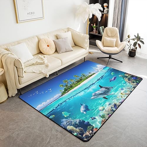 Alfombra hawaiana de playa de 5 x 7 pies, diseño de delfín, sala de estar, dormitorio, decoración del hogar, vida marina, alfombra ultra suave