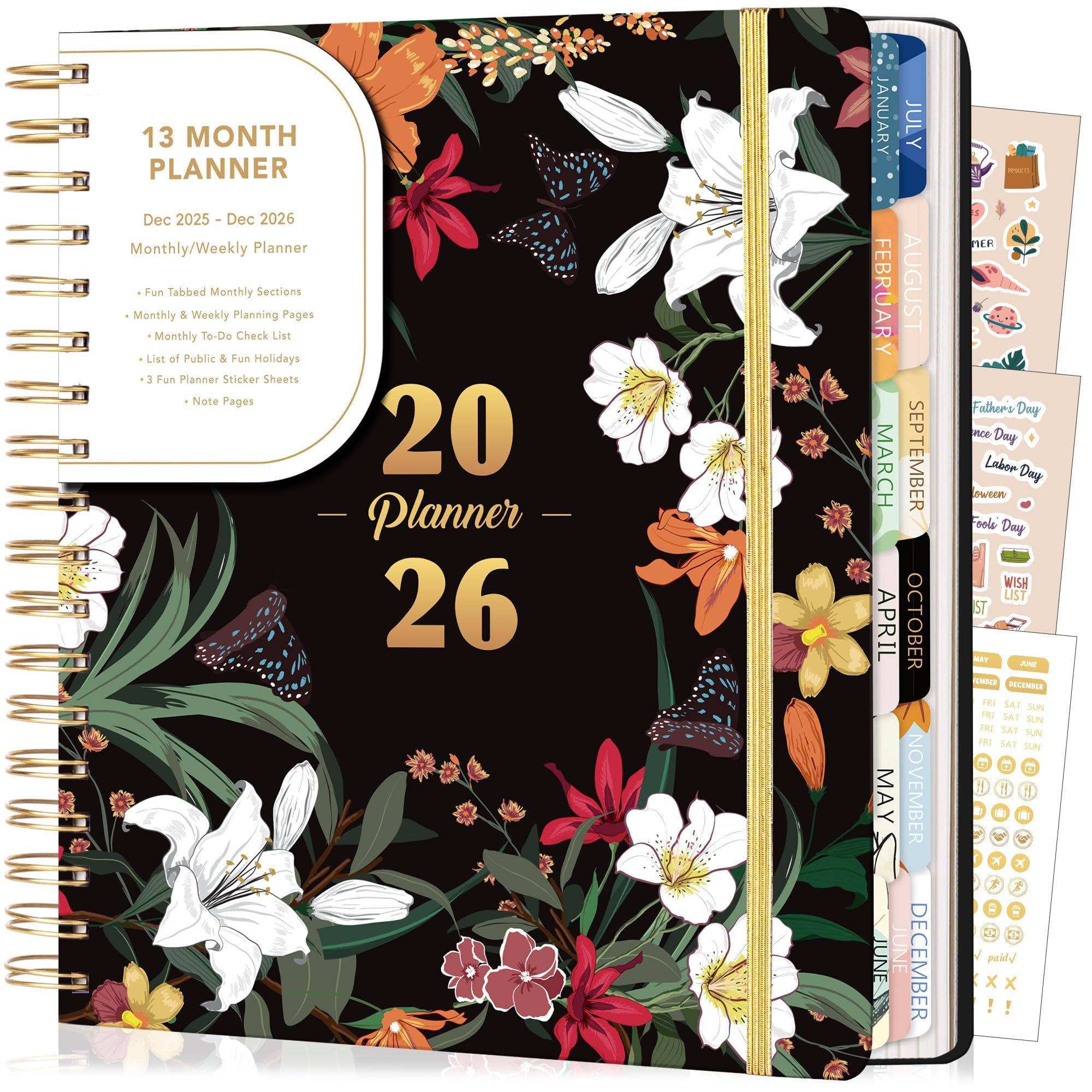 Photo 1 of CAGIE 2026 Planner Weekly and Monthly from Dec 2025 to Dec 2026 Hardcover Spiral Bound Calendar Yearly Agenda Planners for Women with Stickers, 8.3 x 9.1, Black Floral