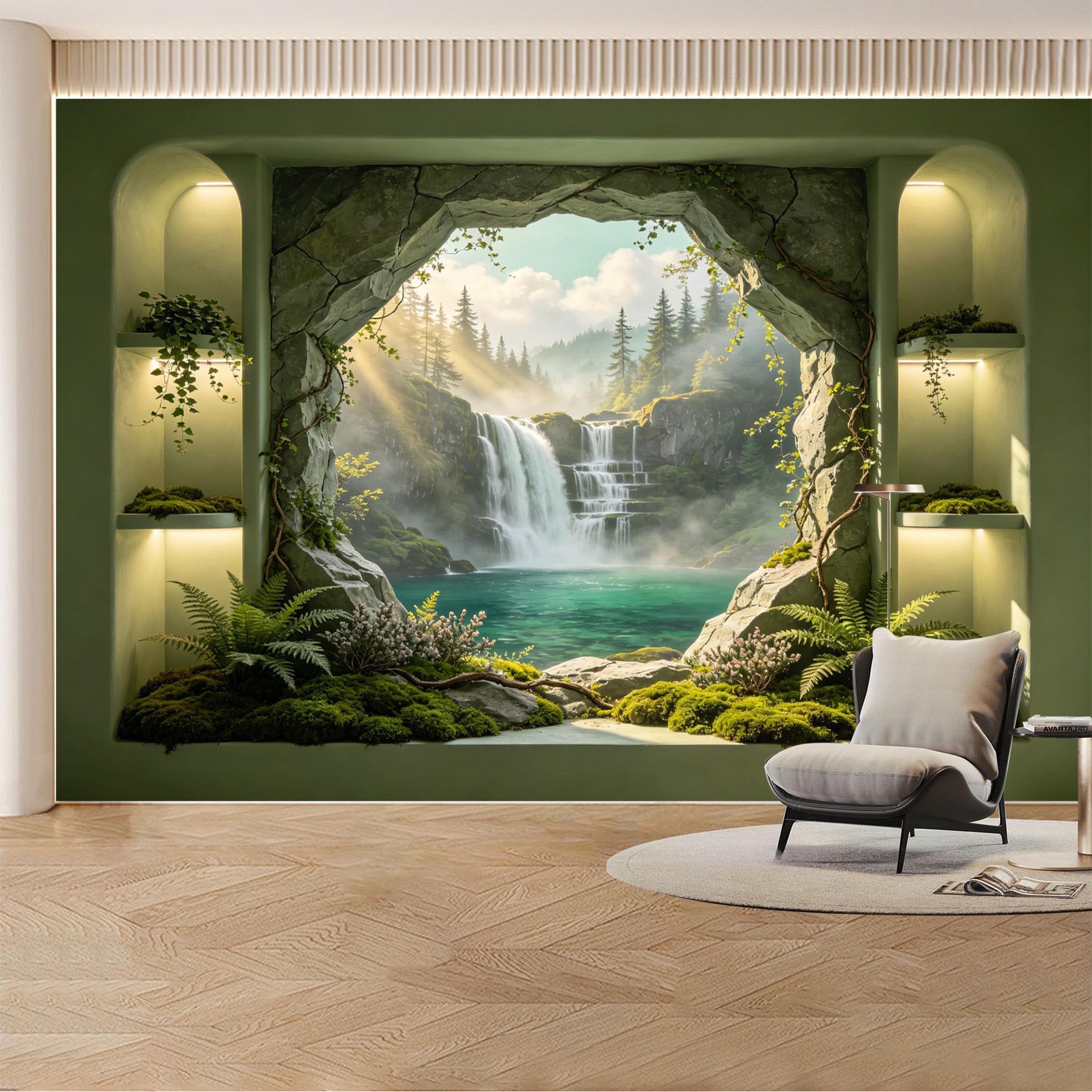 Custom Wall Mural Wallpaper Waterfall Forest Landscape Nature 3D Effect Wall Decor Misty Tropical Luxury Removable SelfAdhesive Large Photo for Living Room， Bedroom， Office