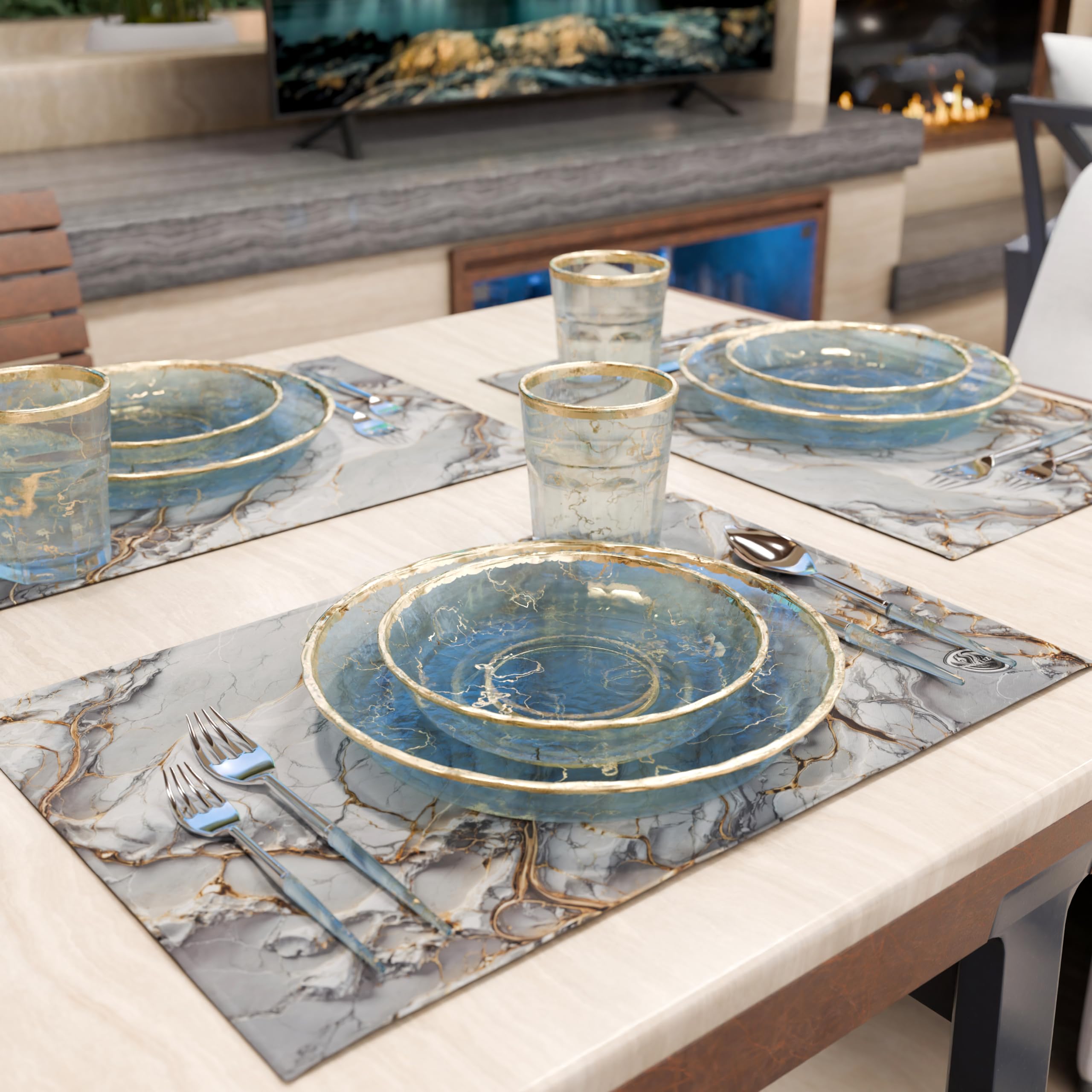 MARBLELIZED, Washable American Placemats, Light Grey Marble Effect Fabric Placemats, Set of 2 (30 x 45 cm), Elegant - Image 2