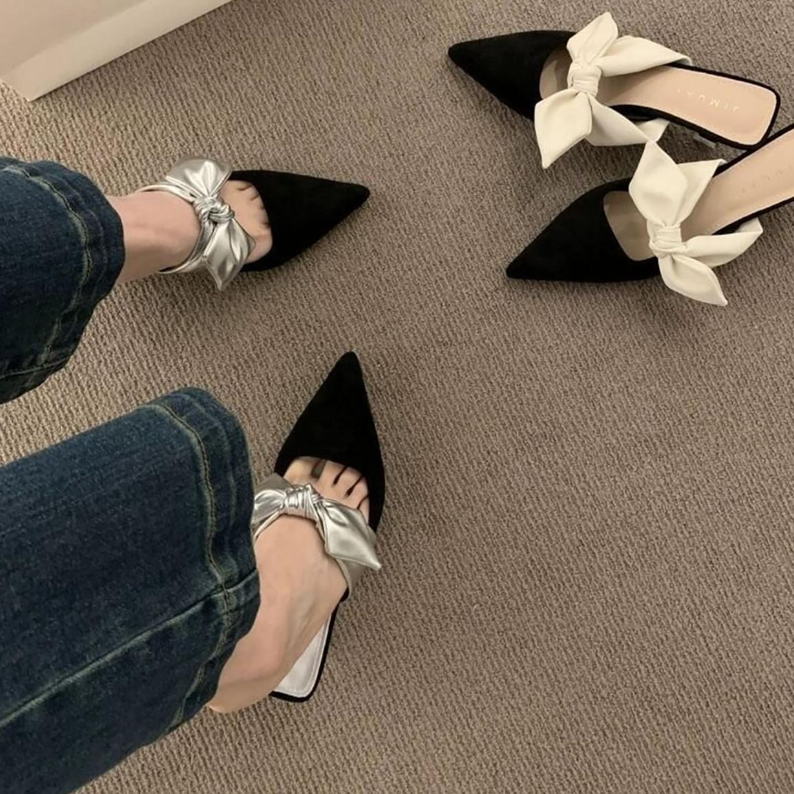 Generico Mules Donna a Punta con Fiocco e Tacco Basso Elegante