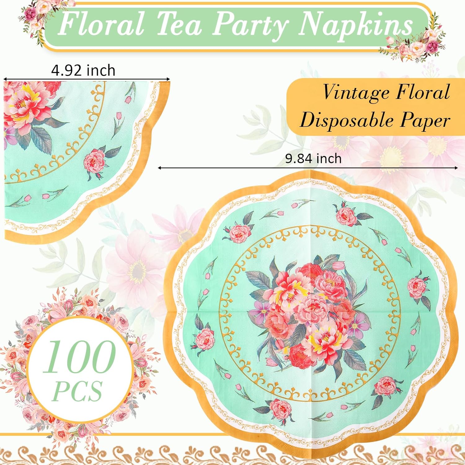 300 Pcs disposable paper tea cups for tea party Bulk, include 9 oz Floral Paper Tea Cup Set with Handle and Saucers 10" vintage Napkins for Floral Tea Party Wedding Baby Shower(Green)