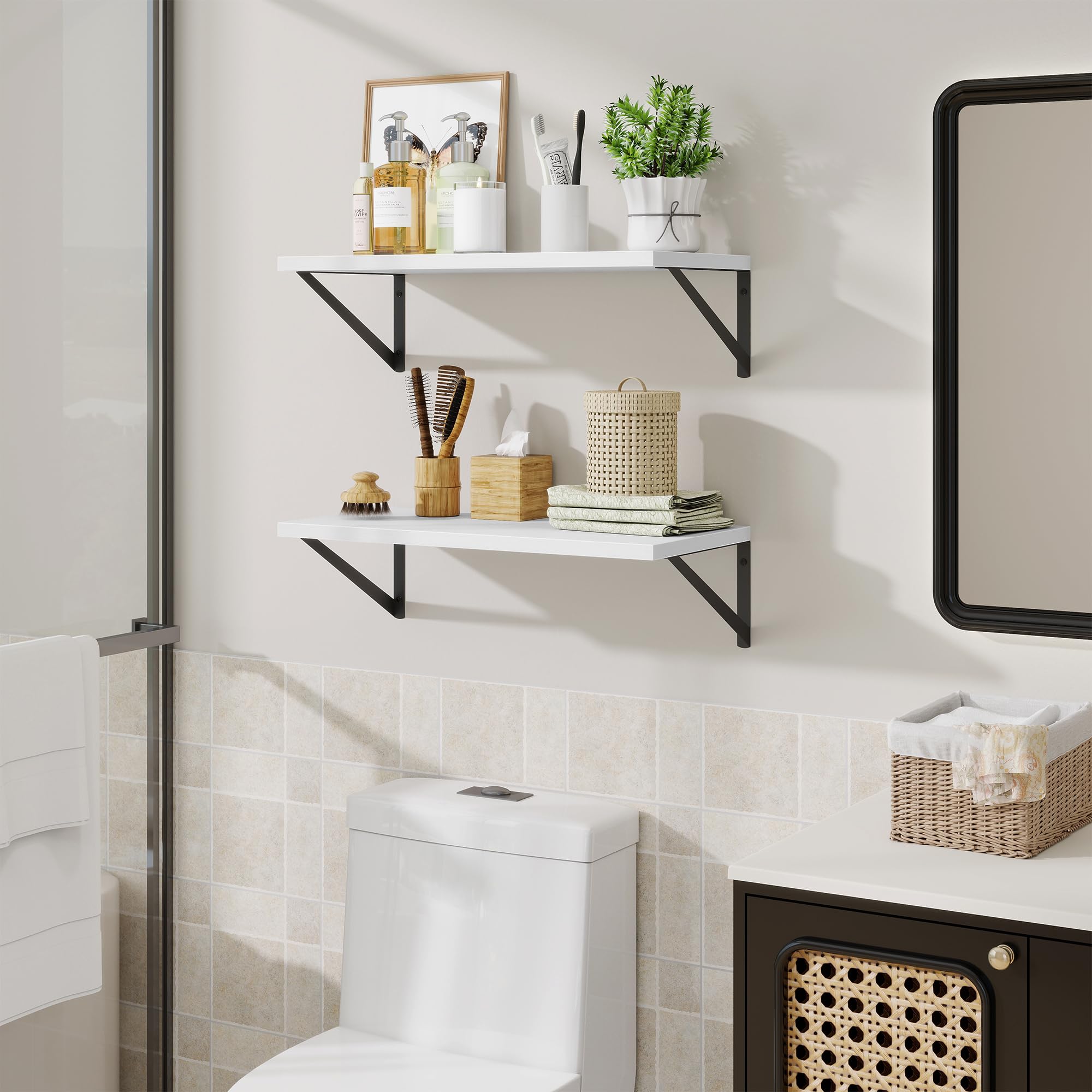 Acovy Wandregale, 2er-Set, 60 cm breit, 25 cm tief, rustikale und robuste Wandregale für Küche, Büro, Bad, Schlafzimmer, Wohnzimmer, Waschküche, Weiß