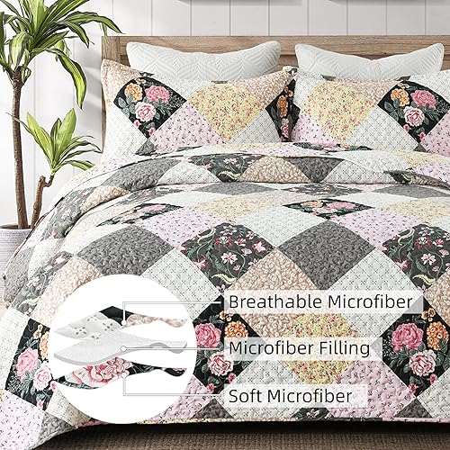 Miniatura 4 de Dinjoy Juego de edredón de retazos a cuadros florales, tamaño Queen, juego de ropa de cama reversible rosa y morado, juego de ropa de cama de