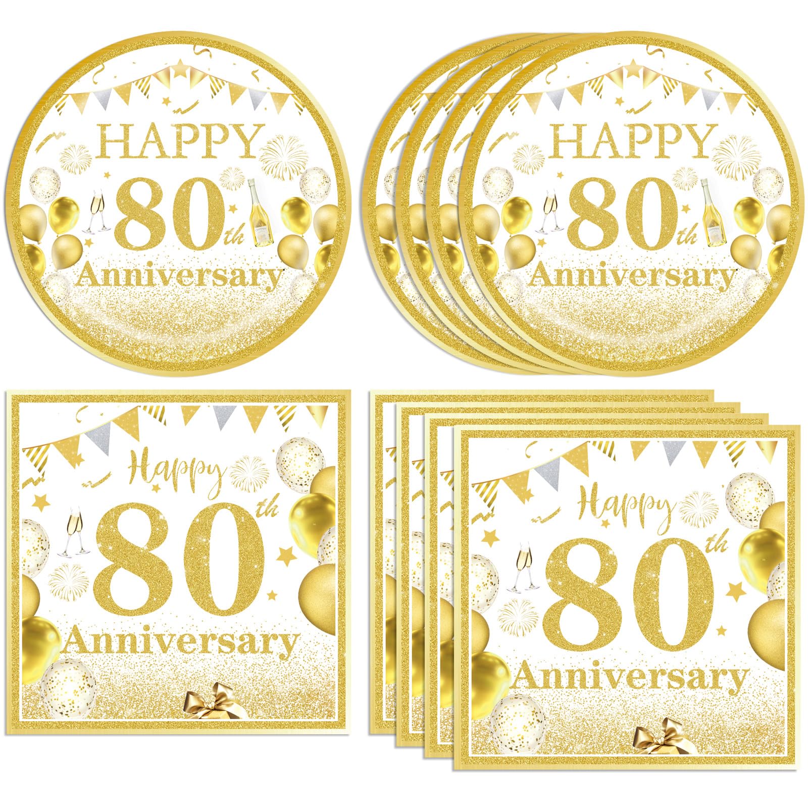 DURYGEN 40 PCS 80th Wedding Anniversary Party Decorations - White and Gold 80th Birthday Party Favor Plates and Napkins Set for Cheers to 80 Years