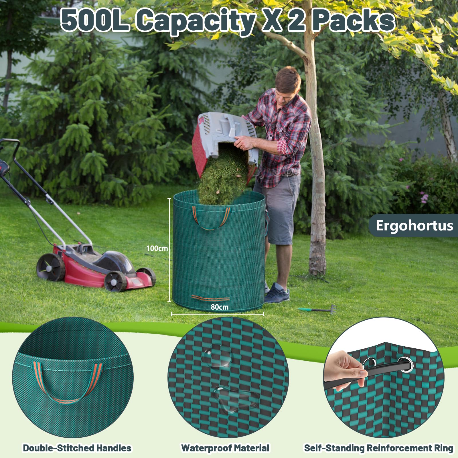 Garden Waste Bags Heavy Duty, 500L x 2 Reusable Garden Sacks with Handles, Industrial-Grade Fabric Recycling Garden Bags for Leaves, Trash, Debris, Garden Rubbish Bags Waterproof — view 2