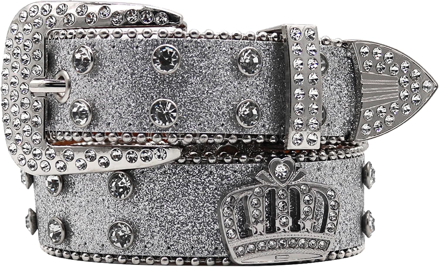 Sparkle Sequin Belt for Women Men, Studded Rhinestone Crown Belts Punk Rock PU Leather Waist Strap