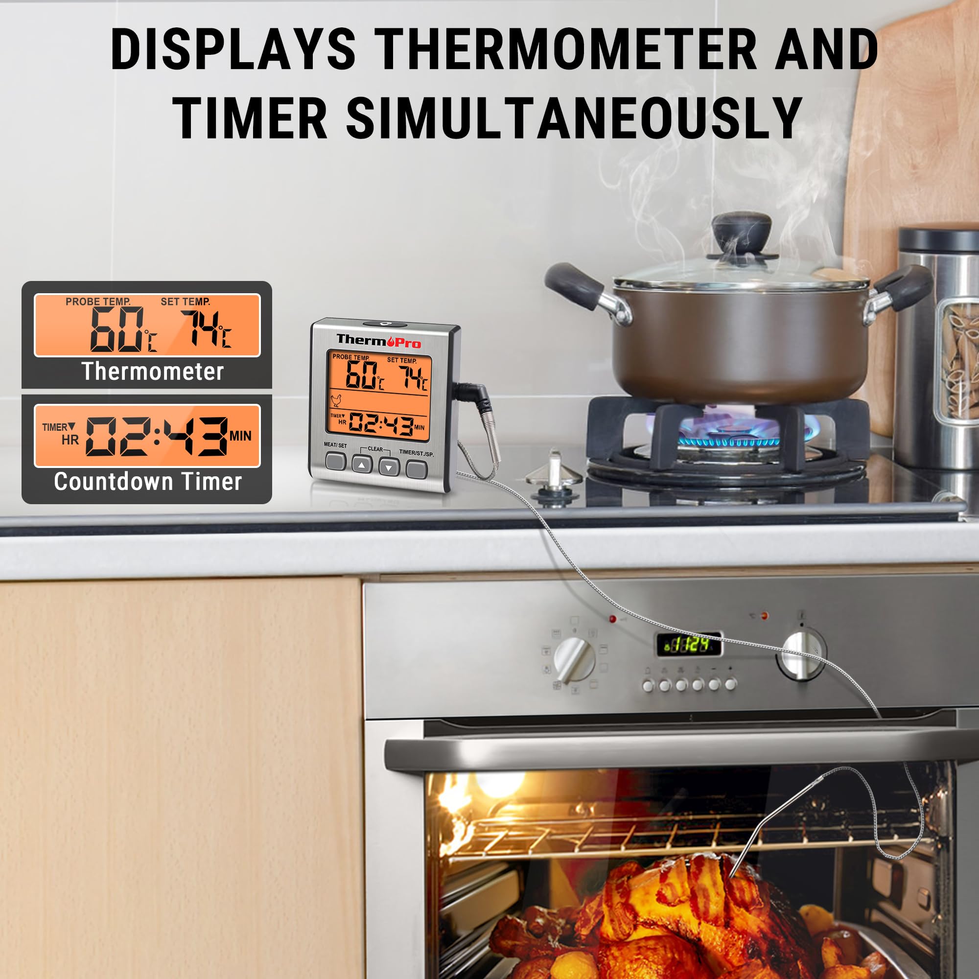 ThermoPro TP16S Termometro digitale per carne, ottimo per grigliare e barbecue, con modalità timer intelligente e retroilluminazione