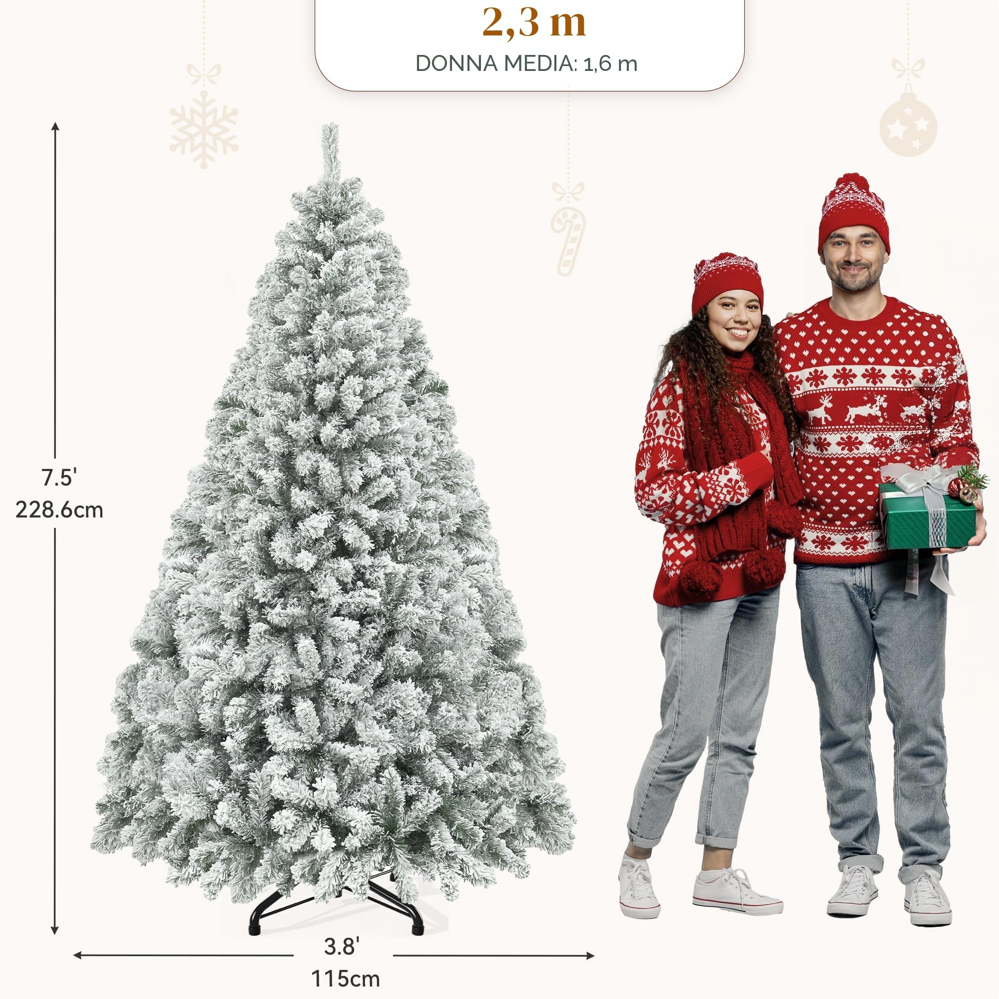 YITAHOME 229 cm, albero di Natale artificiale con neve, circa 1346 punte di abete con telaio pieghevole e supporto in metallo pieghevole, montaggio rapido per casa, ufficio, negozi, 229 x Φ115 cm