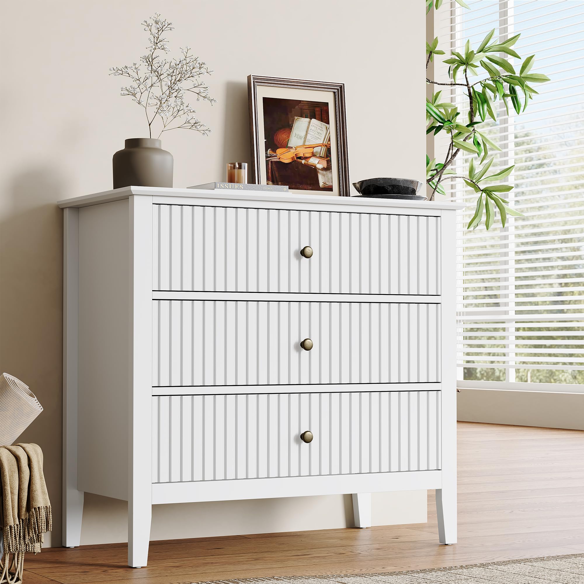 RoyalCraft 32" Large Nightstand, Fluted Painted Bedside Table with 3 Spacious Drawers, Modern Tall End Table for Bedroom, White