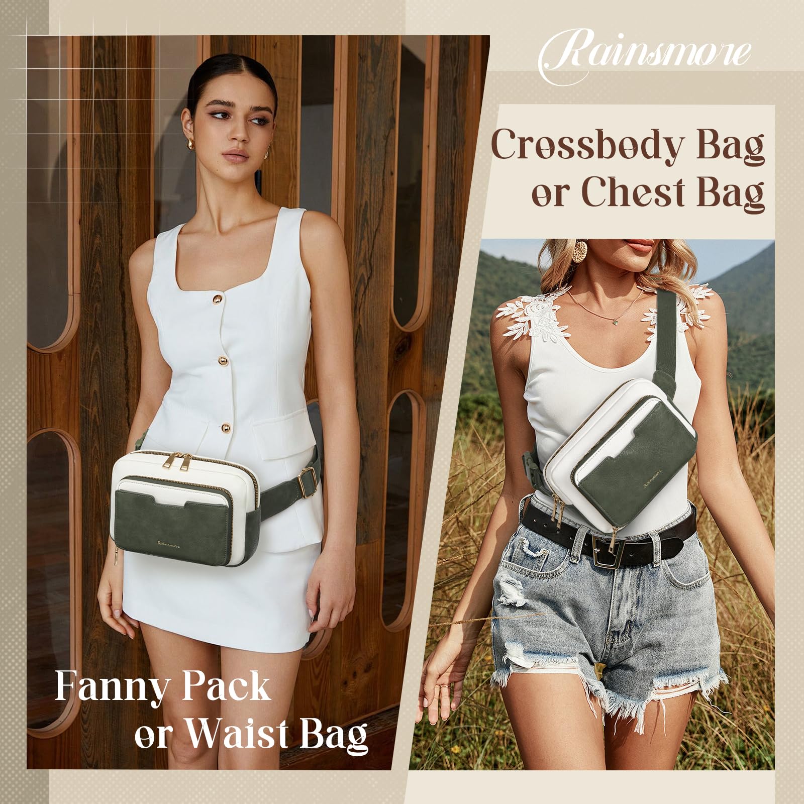 RAINSMORE Sacs banane pour femme, sac banane vintage en cuir Everywhere, Vert foncé avec blanc, Moyen
