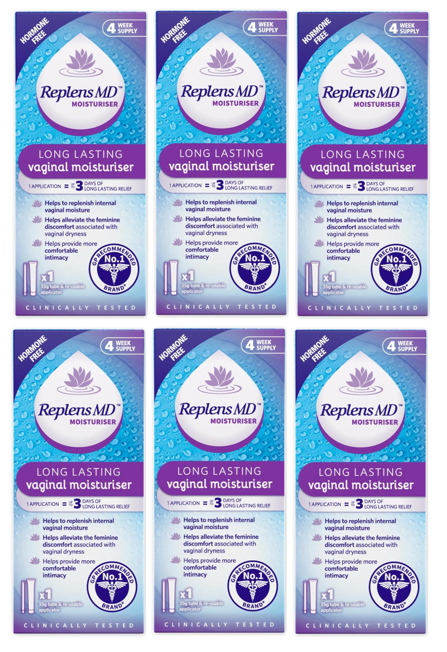 Longer Lasting Vaginal Moisturiser, 35g Tube & Applicator, Pack of 6