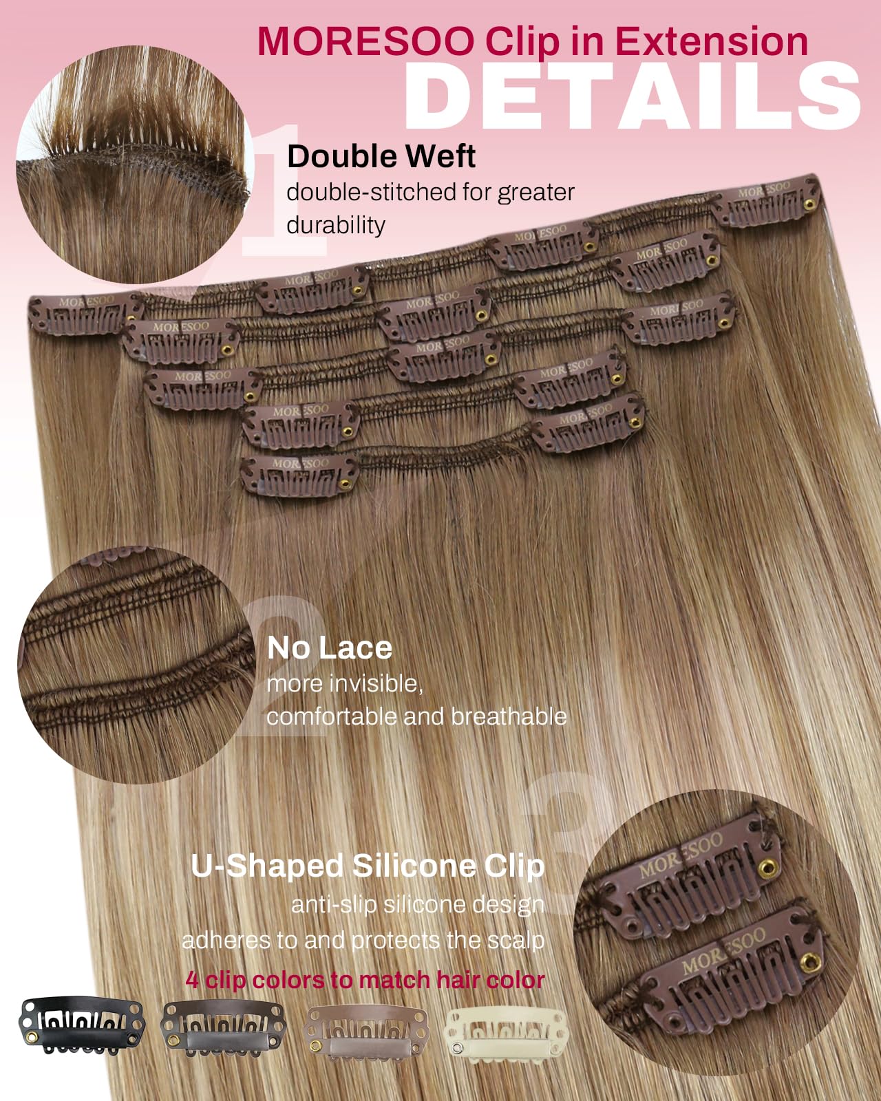 Moresoo Dopinki do włosów ombre, naturalne włosy Remy, klips, brązowe, z klipsami, jasnobrązowe ze złotym blondem, balejaż, przedłużenie włosów z klipsami, 35 cm, podwójne pasma, gładkie, grube włosy,