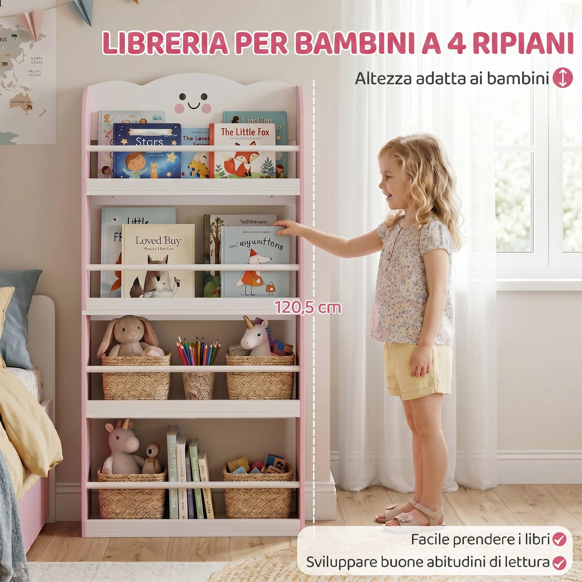 AIYAPLAY Libreria Montessoriana per Bambini 3-6 Anni 60x15x120.5cm Rosa