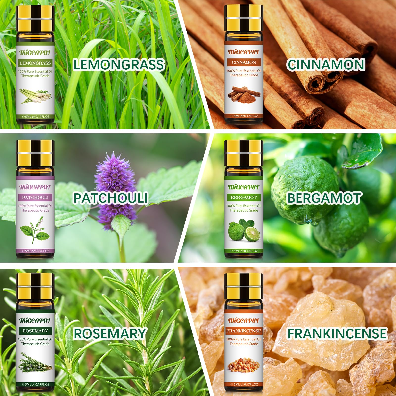 MIGCAPUT Zestaw Olejków Eterycznych 12 x 5ML, 100% Naturalne Aromaterapia Olejków Zapachowych do Dyfuzory, SPA, Masażu - Lawenda, Mięta, Drzewo Herbaciane, Słodka Pomarańcza, Trawa Cytrynowa