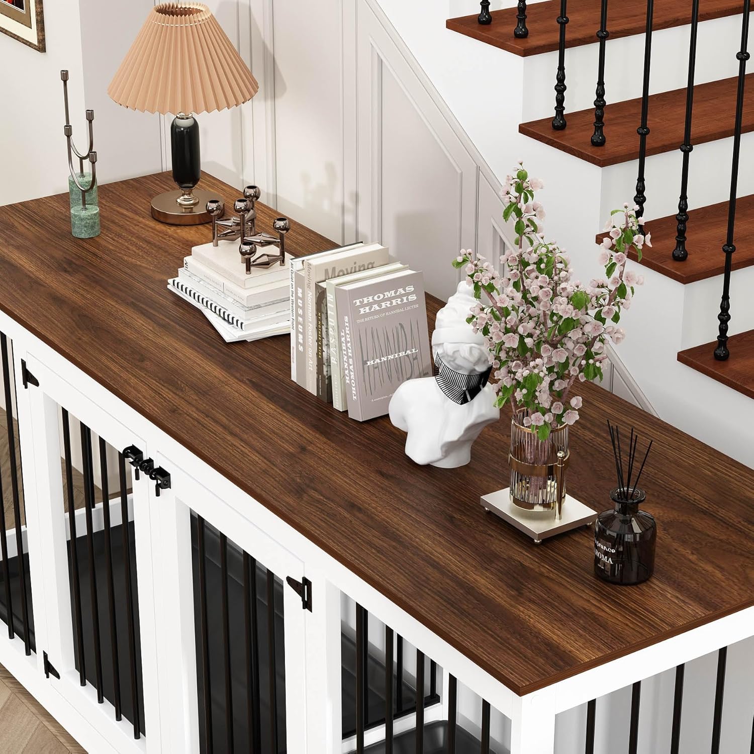 70.9" Large Double Dog Crate Furniture, Wooden Dog Kennel House with Divider & 2 Trays, for Large or 2 Medium Breeds Indoor, White