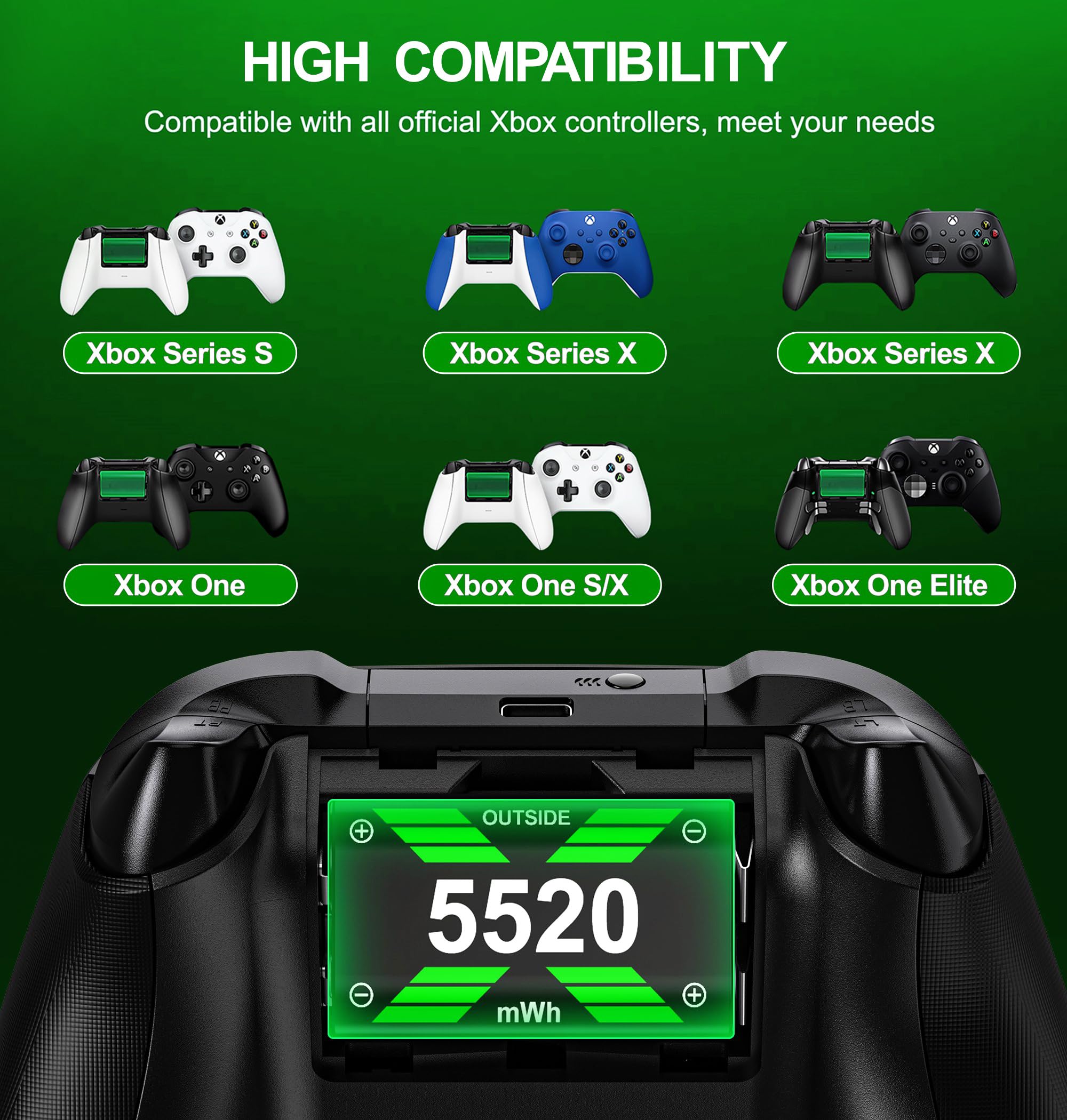 4 batterie da 5520 mWh per Xbox, batteria ricaricabile per Xbox Series X/S/One/One S/One X/One Elite Charging, ricarica rapida per Xbox, non per giochi a cubo