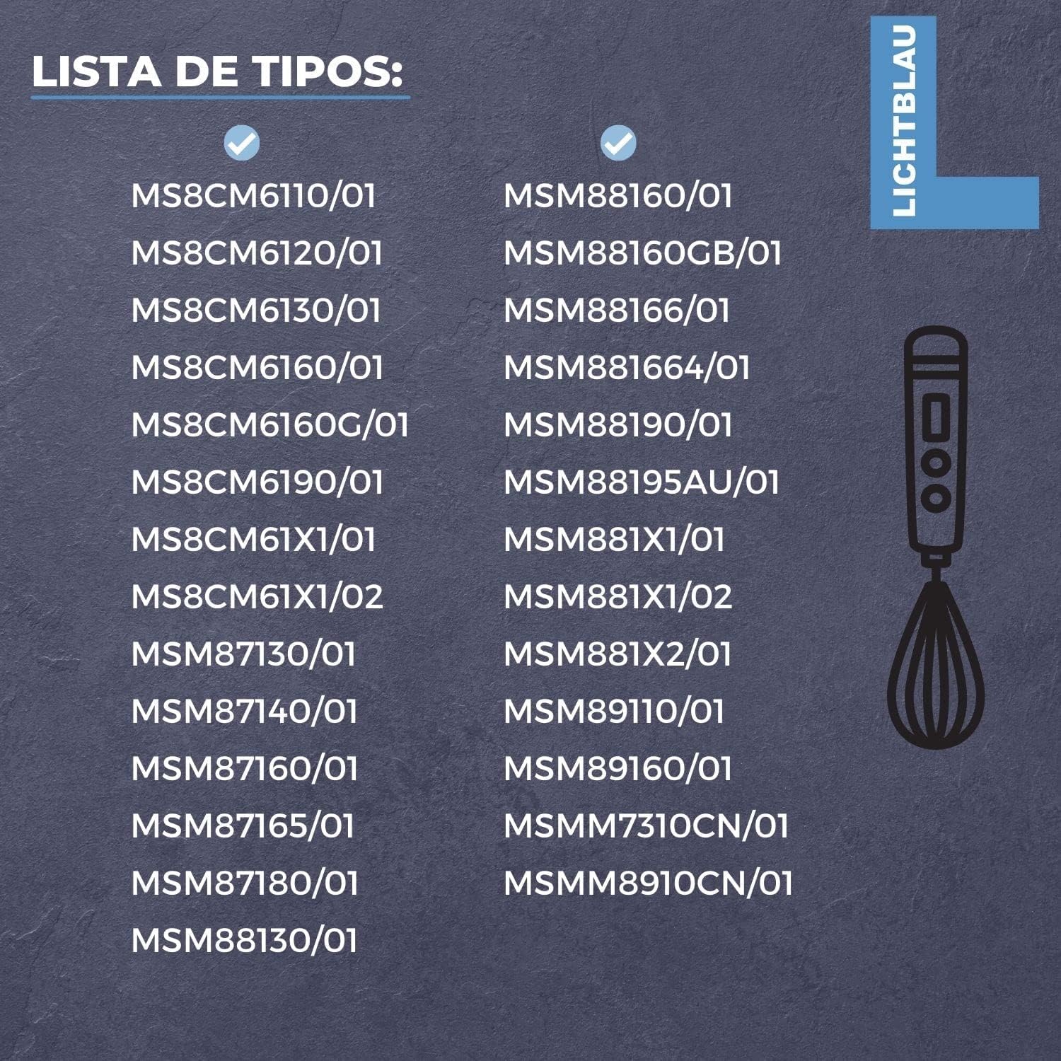 Lichtblau Batidor con acoplamiento 2863, apto para batidora de mano Bosch MS8CM, MSM87, MSM88, MSM89 MSMM7, MSMM89 Maxo Mixx, accesorio de repuesto para batidora de mano