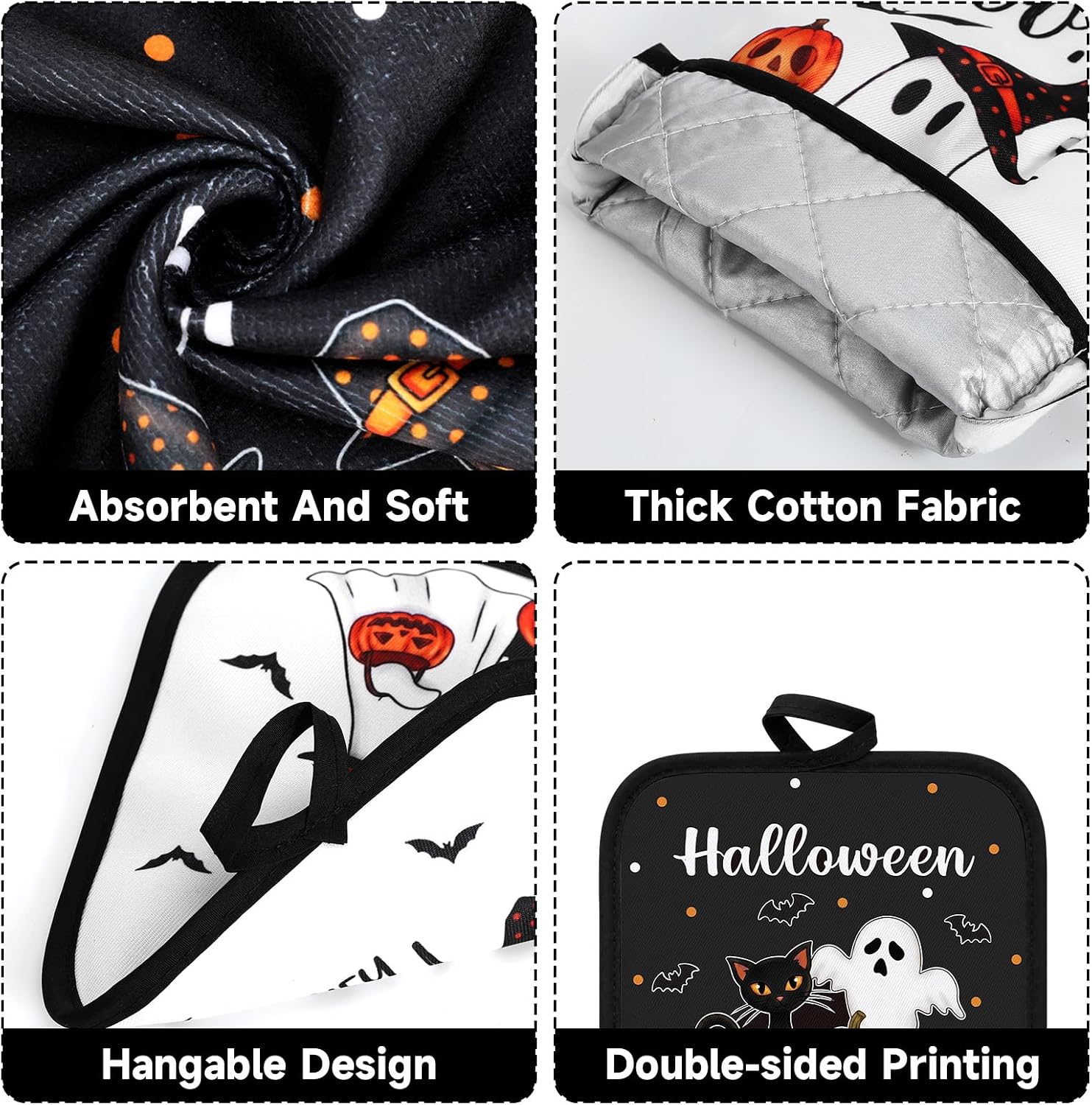 FoldTier 6 Pcs Halloween Kitchen Decoration Set Towel Pot Holder Oven Mitt