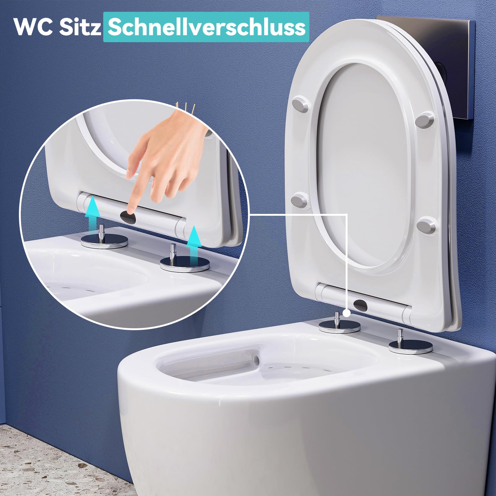 Cuvette WC Suspendu sans Rebord avec Charniere Abattant Soft-Close - Toilette Suspendu en Céramique Blanc - Chasse d'Eau Directe et sans Bordure - Lunette WC Amovible avec Fermeture en Douceur