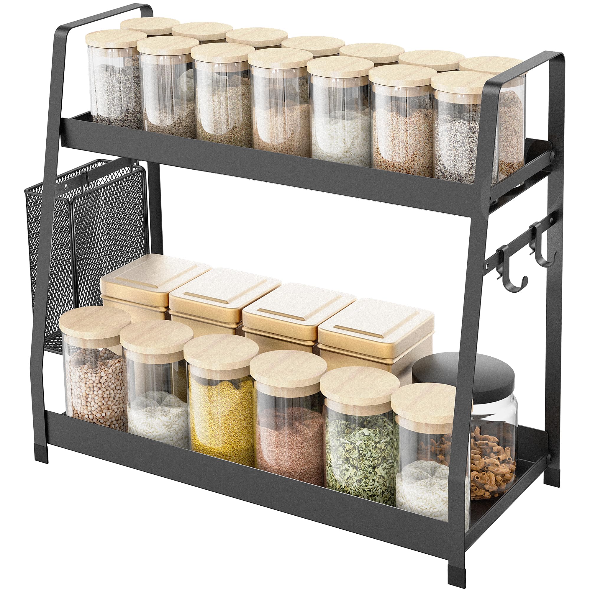 OROPY 2 Tier Spice Rack for Countertop, Height Adjustable Metal Standing Kitchen Storage Organizer Shelf, Vertical Seasoning Jars Rack, Black
