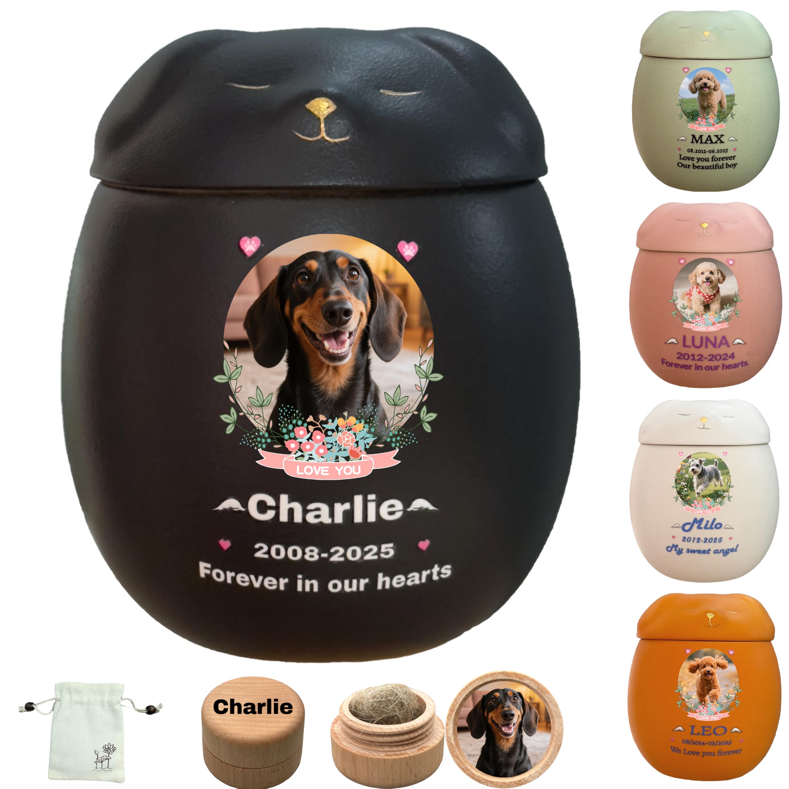 Generic Personalized Dog Urn, Ceramic, Small Black, Small (≤22 lb ashes), Smiling Dog Design, Moisture-Proof Sealing, Free Ash Bag & Hair Commemorative Box — image 1
