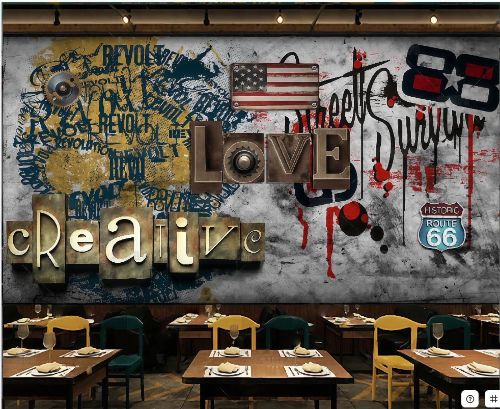 XDOUBAO Wallpaper Retro Cement Wall Three-Dimensional Letters Metal Gear Personality Bar Coffee Shop Background Mural Western Restaurant Wallpaper,3D,150x105cm