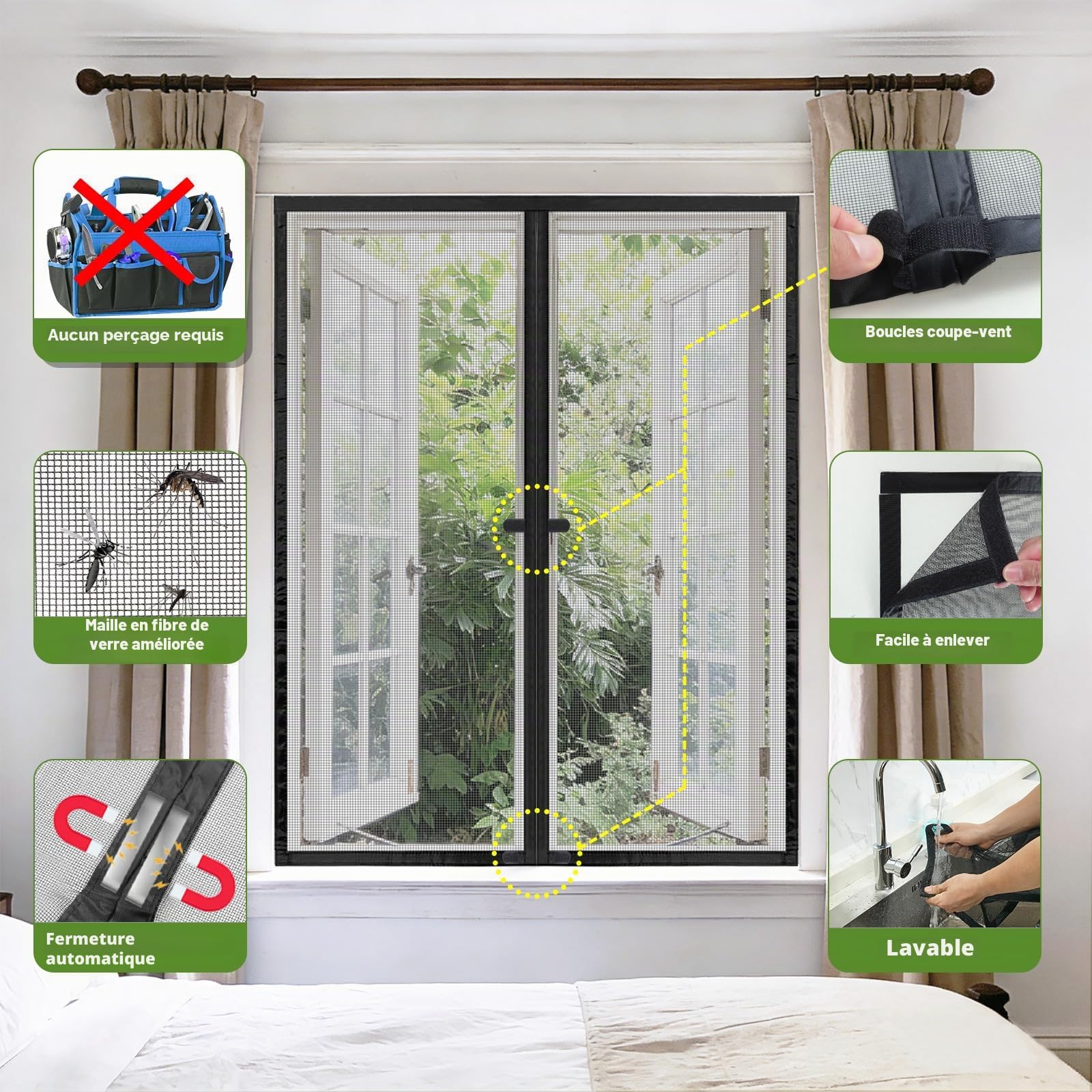 Moustiquaire Fenêtre Magnétique 120x110 cm, Toile en Fibre de Verre Haute Densité, Fixation Adhésive sans Perçage, Transparente et Anti-Insectes, Résistante aux Griffes et UV - Noir