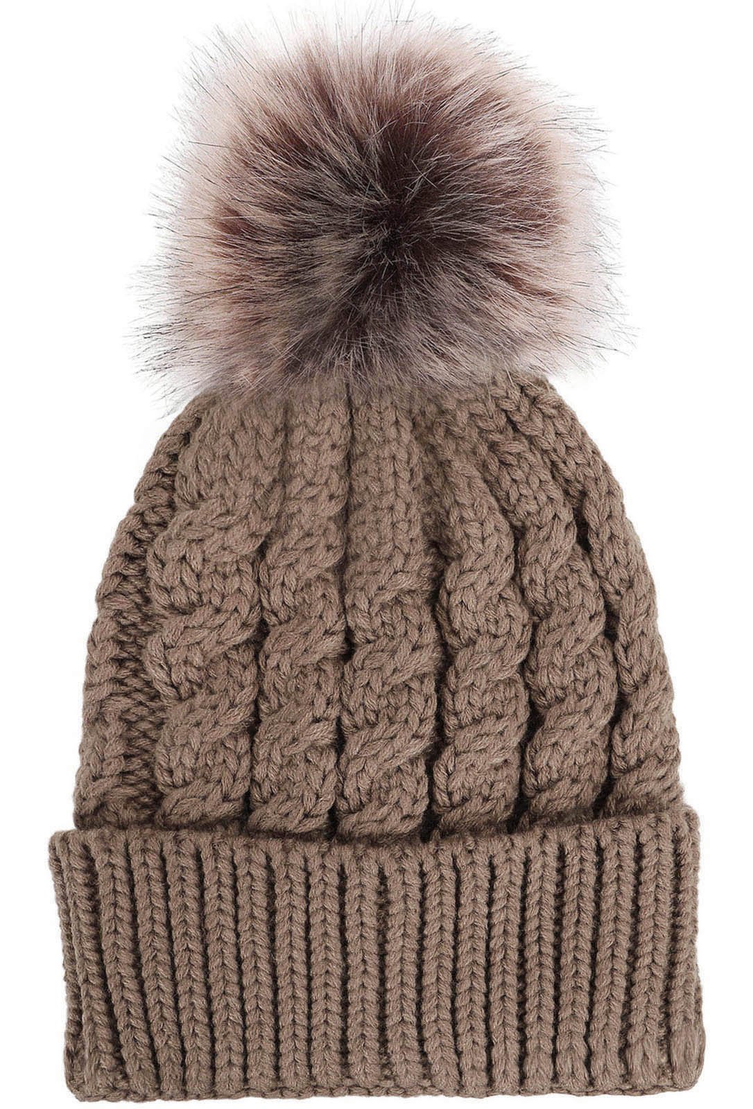 ThunderCloud Winter Warm Thick Hand Knitted Beanie Hat with Faux Fur Pom Pom, Khaki