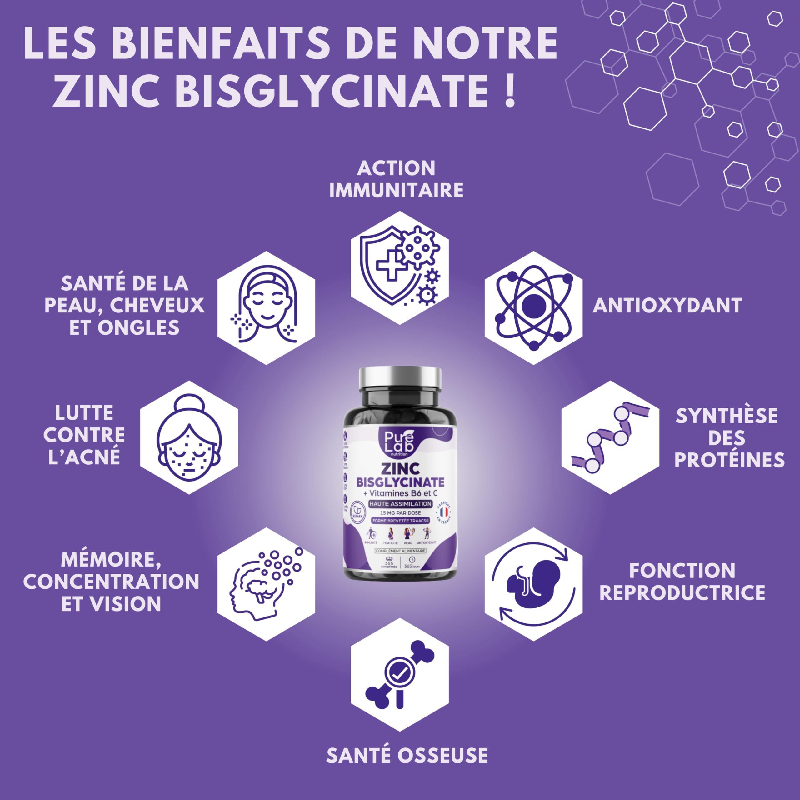 Zinc Bisglycinate + Vitamines B6 et C - Haute Absorption - Immunité, Antioxydant, Peau - Sans Lactose, Sans Gluten - Fabriqué en France - Cure 1 An, 365 Comprimés - Pure Lab Nutrition®